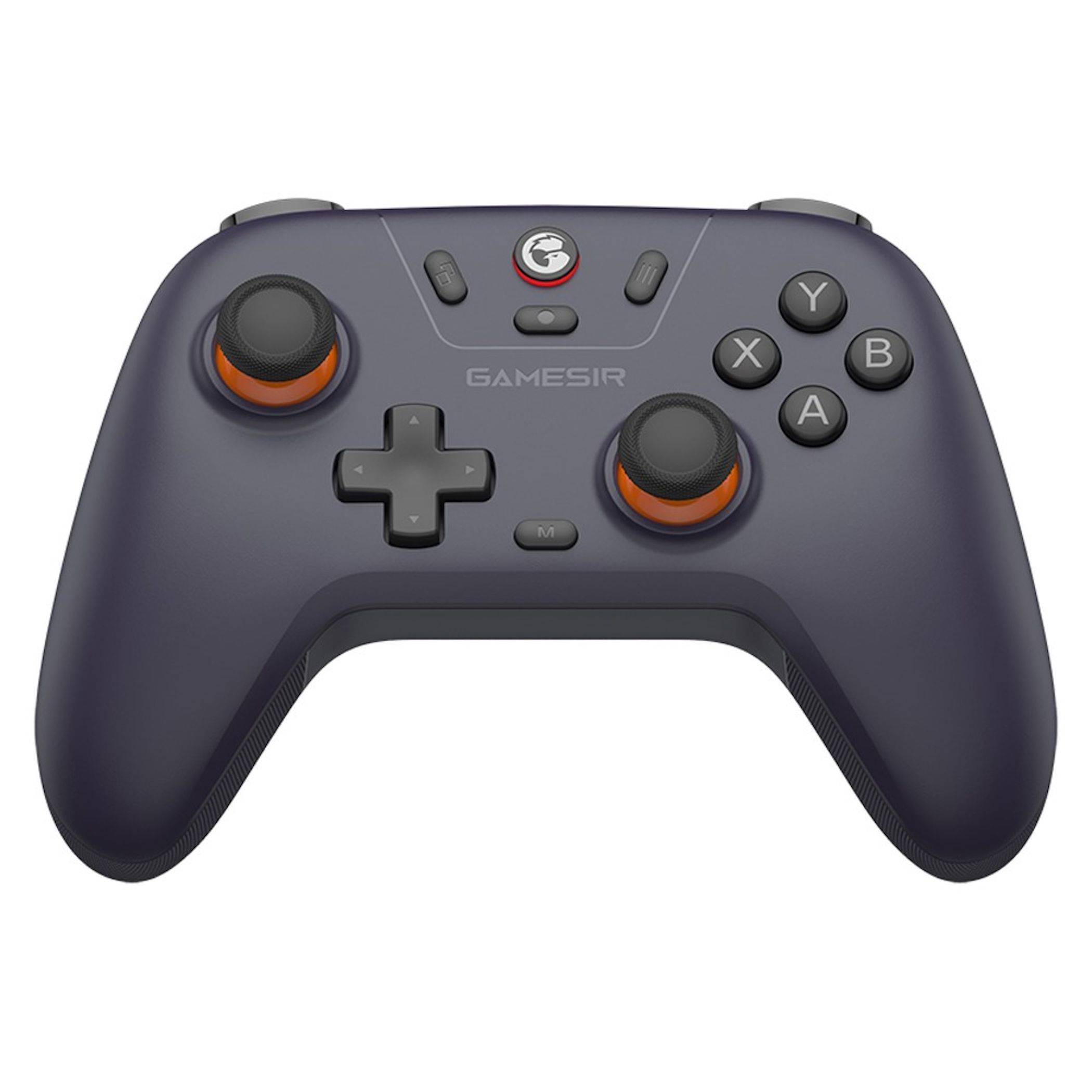 Vorderansicht eines dunkelgrauen GAMESIR kabellosen Spielcontrollers mit dualen analogen Sticks, D-Pad und A/B/X/Y-Tasten auf weißem Hintergrund.