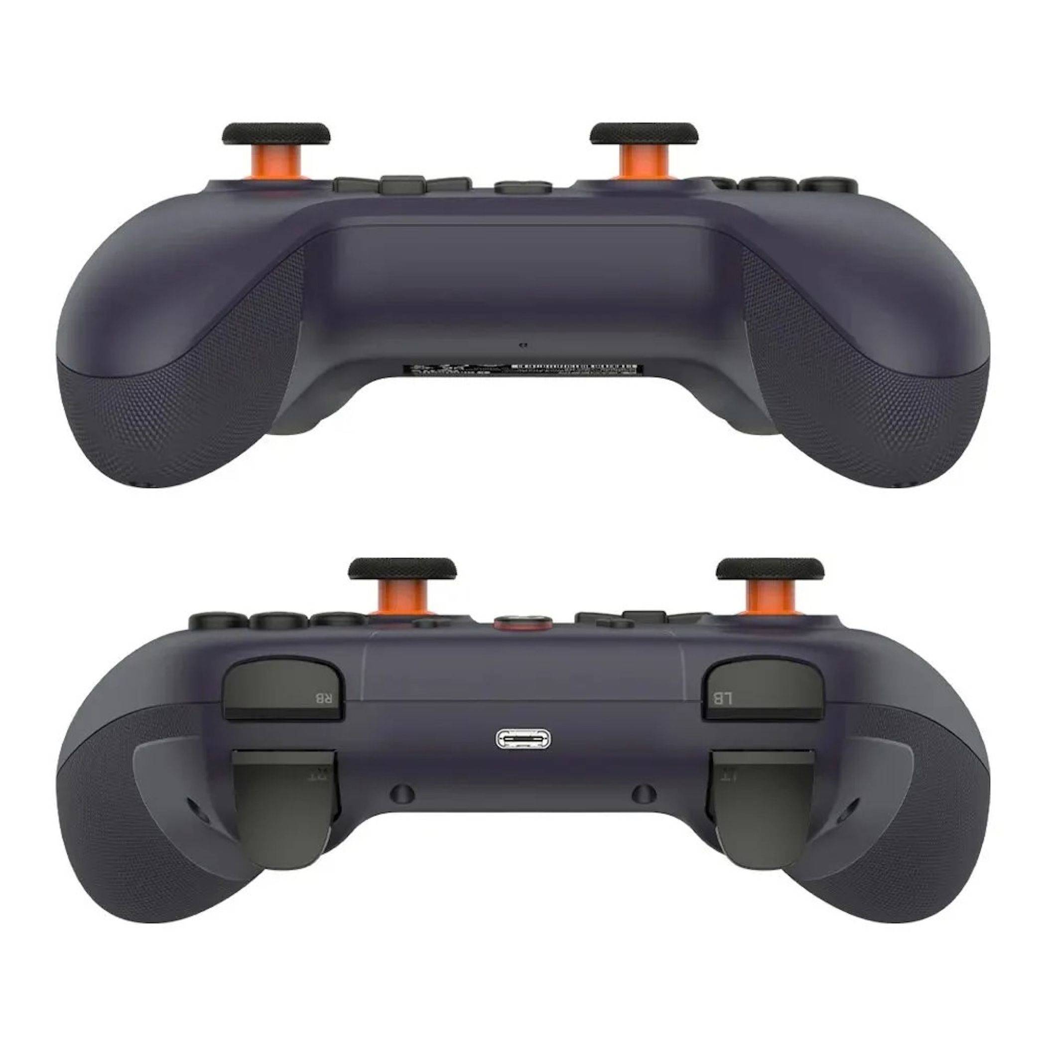 Zwei Ansichten eines schwarzen Spielcontrollers mit orangefarbenen Analog-Sticks, die die Oberseite und die Rückseite mit Trigger-Tasten und USB-C-Anschluss zeigen.