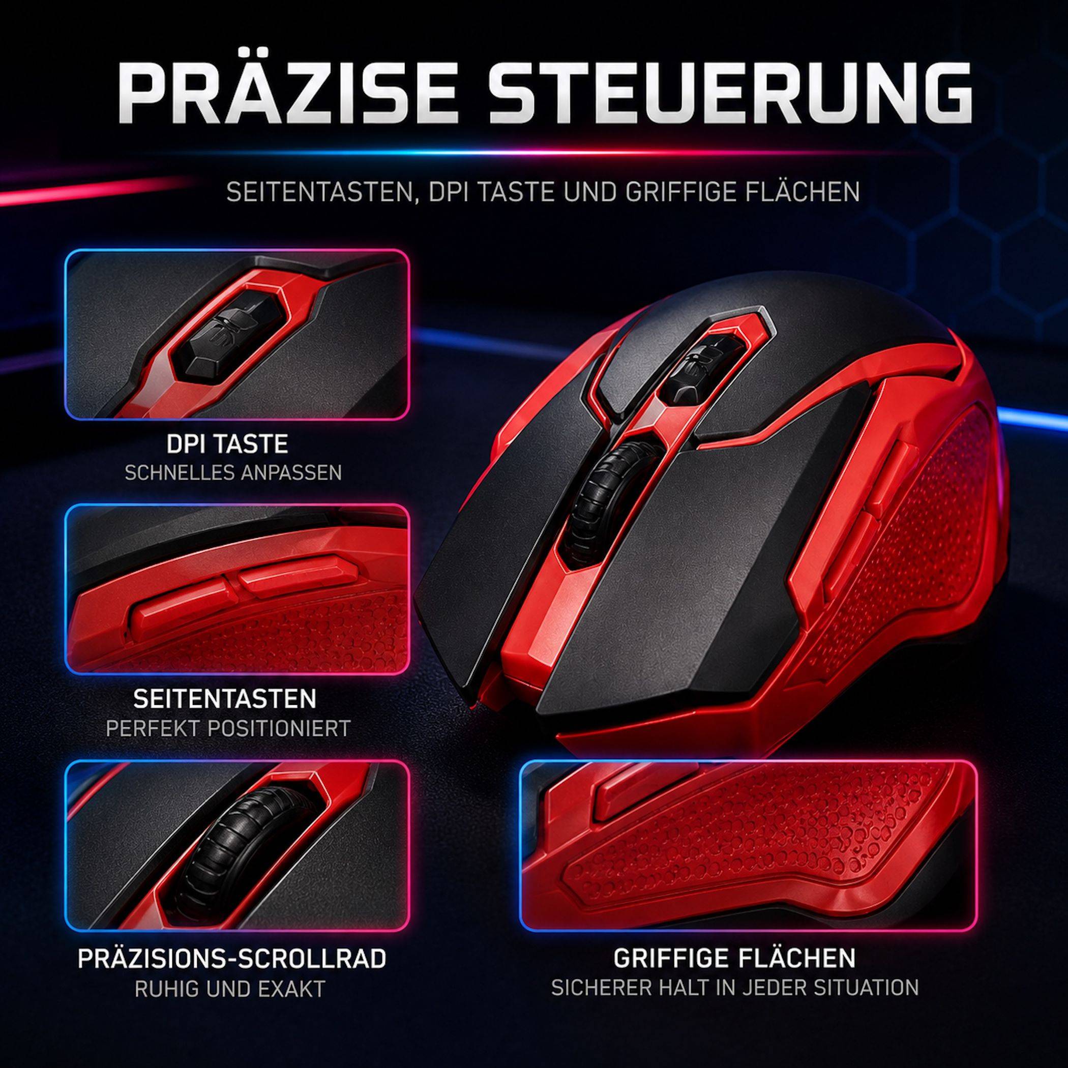 Rot-schwarze Gaming-Maus mit beschrifteten Nahaufnahmen, die die „DPI-TASTE", „SEITENTASTEN"", „PRÄZISIONS-SCROLLRAD"" und „GRIFFIGE FLÄCHEN"" für präzise Steuerung hervorheben.