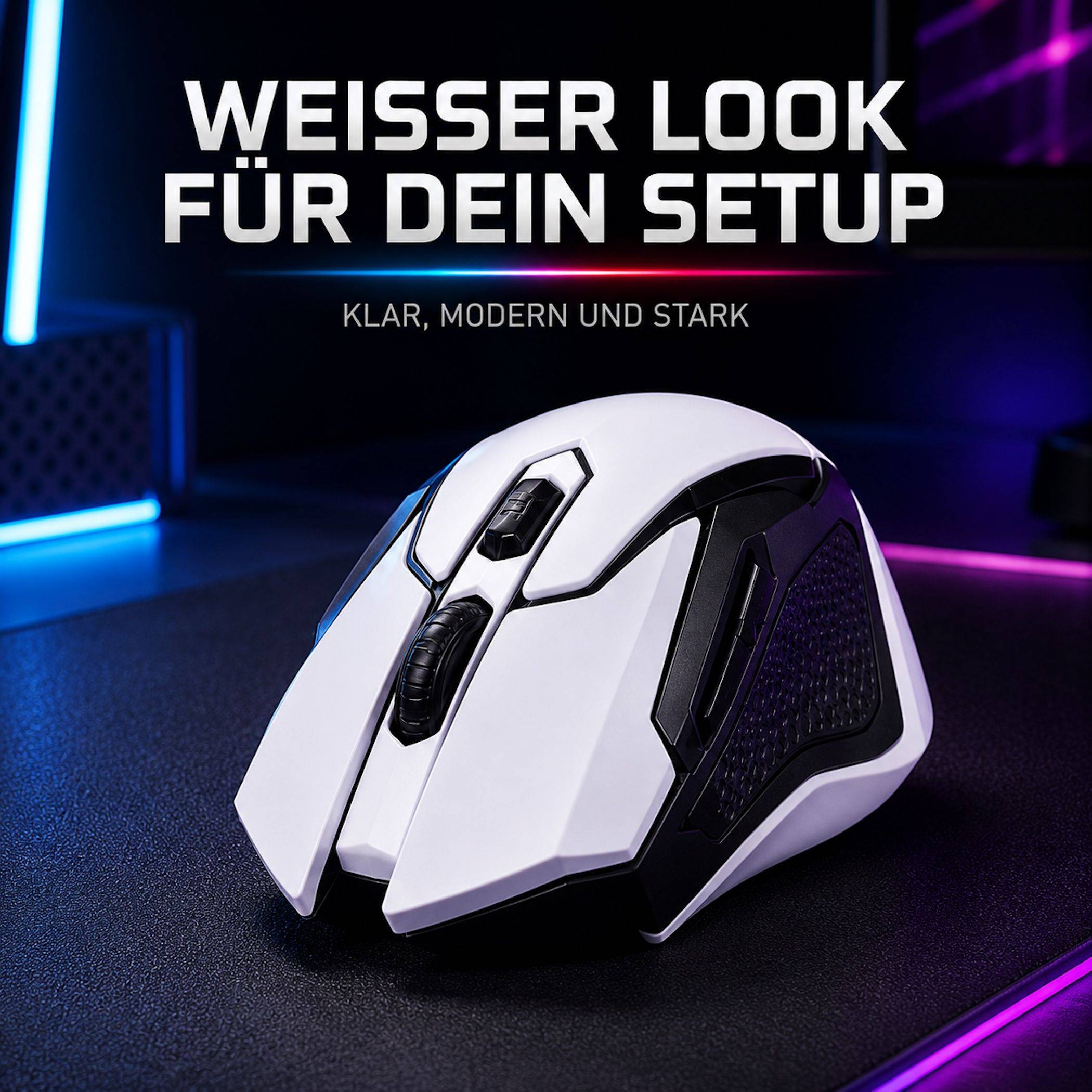 Weiße Gaming-Maus auf einem Schreibtisch mit dem Text „WEISSER LOOK FÜR DEIN SETUP" und „KLAR, MODERN UND STARK"".