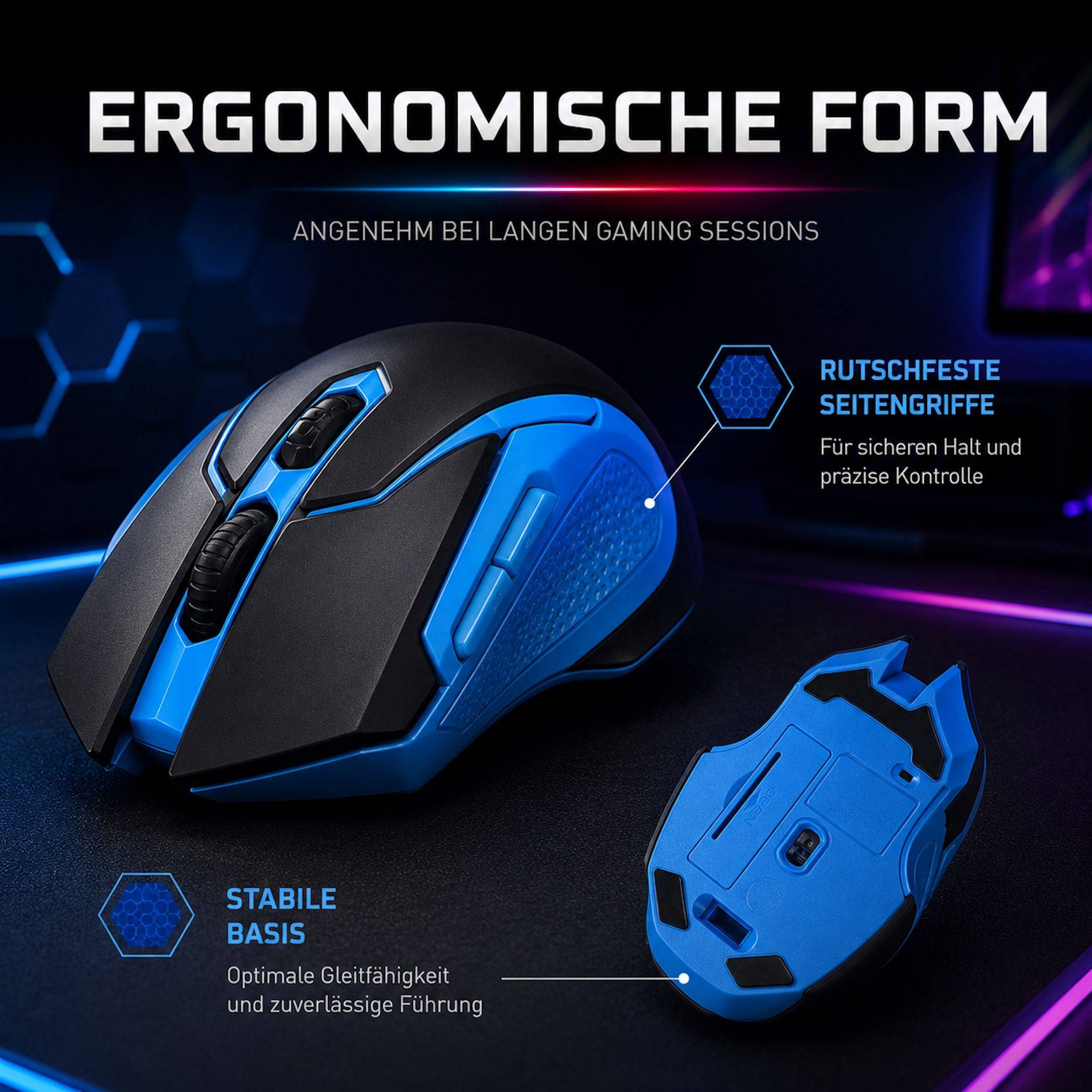 Werbegrafik einer schwarzblauen Gaming-Maus mit Beschriftungen für ergonomische Form, rutschfeste Griffe und stabile Basis für lange Gaming-Sitzungen.