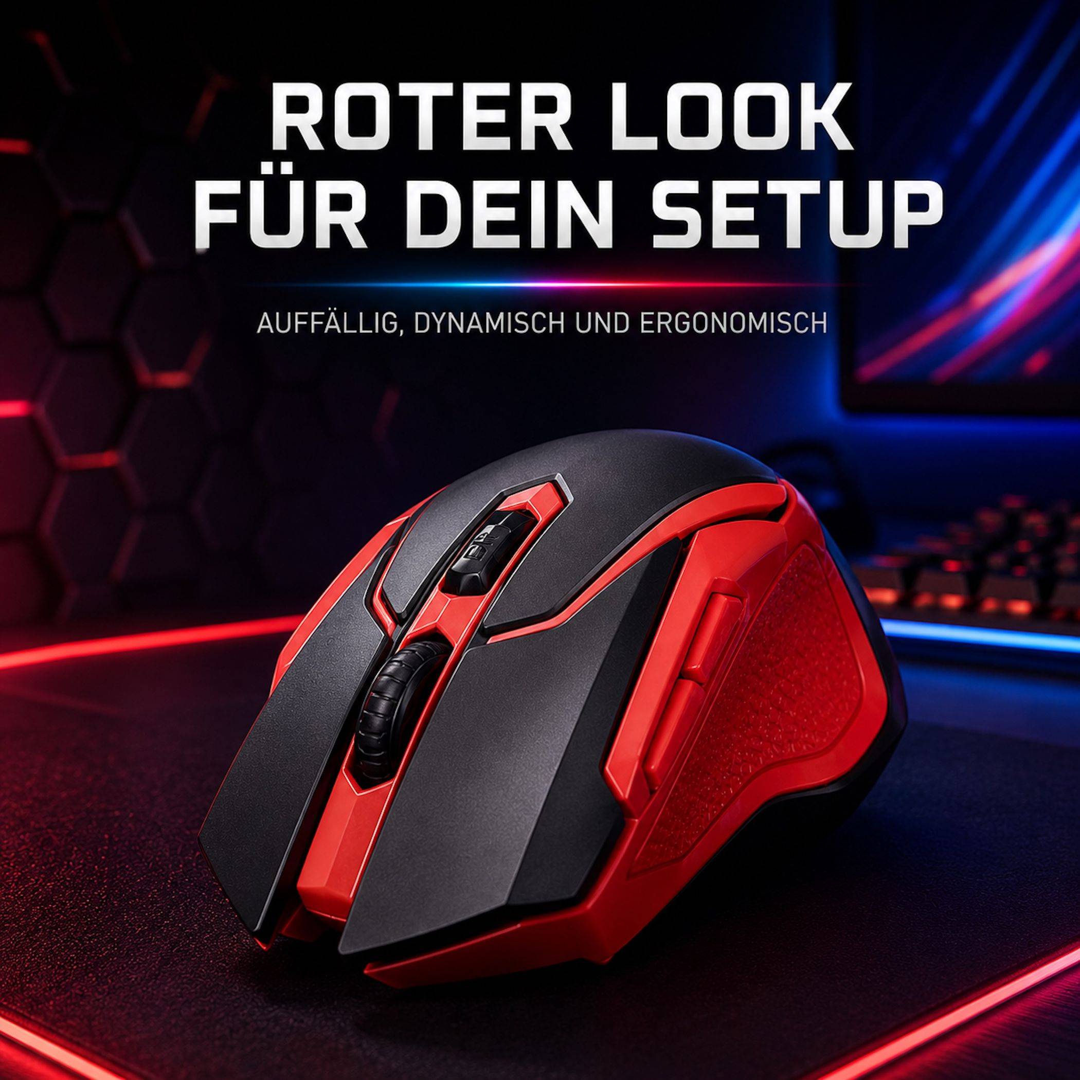 Rot-schwarze Gaming-Maus mit deutschem Text "Roter Look für dein Setup"" und ""Auffällig, dynamisch und ergonomisch"" mit Werbung für ein kühnes, ergonomisches Design.