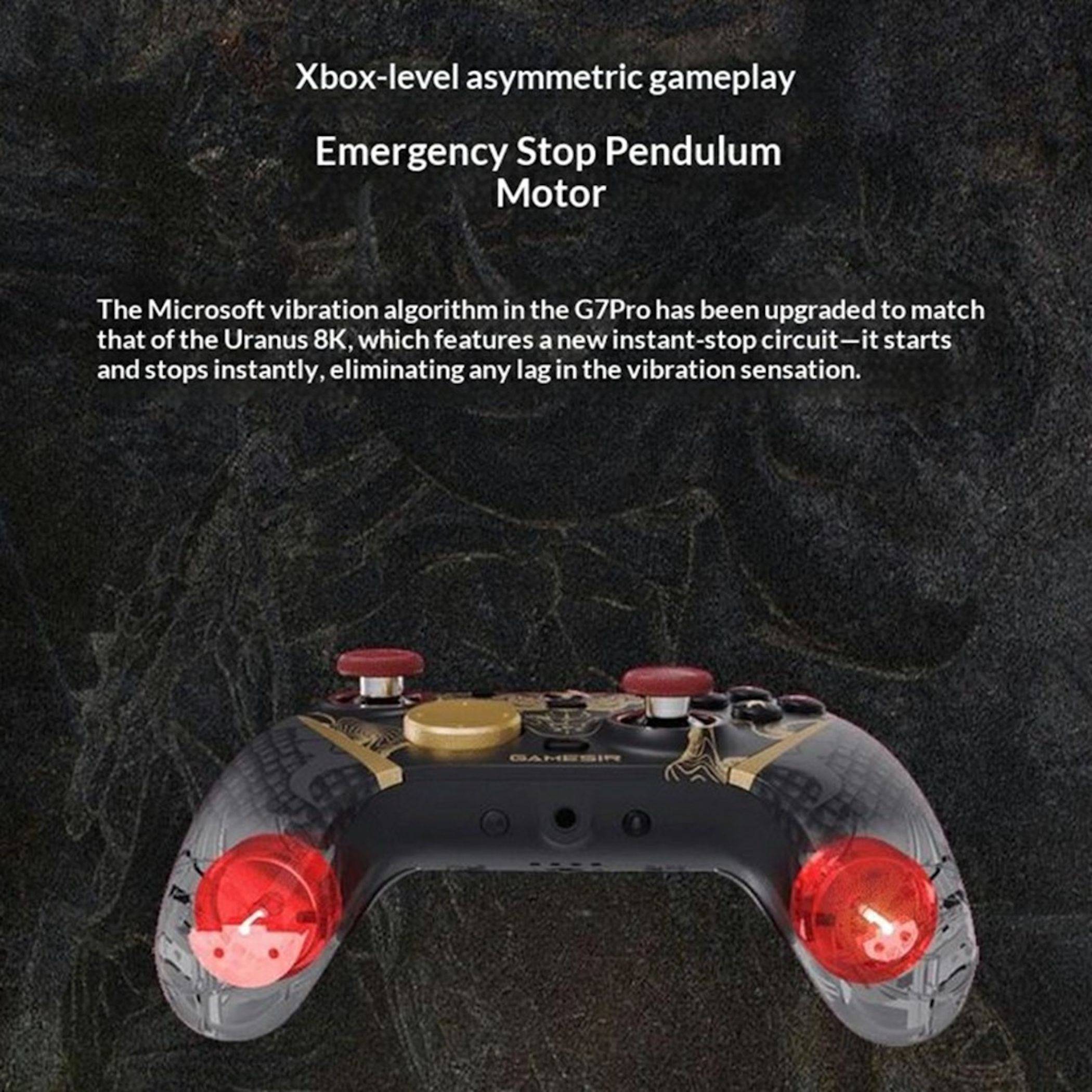 Werbegrafik eines Spiel-Controllers mit rot hervorgehobenen Vibrationsmotoren, betitelt mit „Xbox-ähnliches asymmetrisches Gameplay" und „Notfall-Stopp-Pendel-Motor"", das die Sofort-Stopp-Vibrationstechnologie beschreibt.