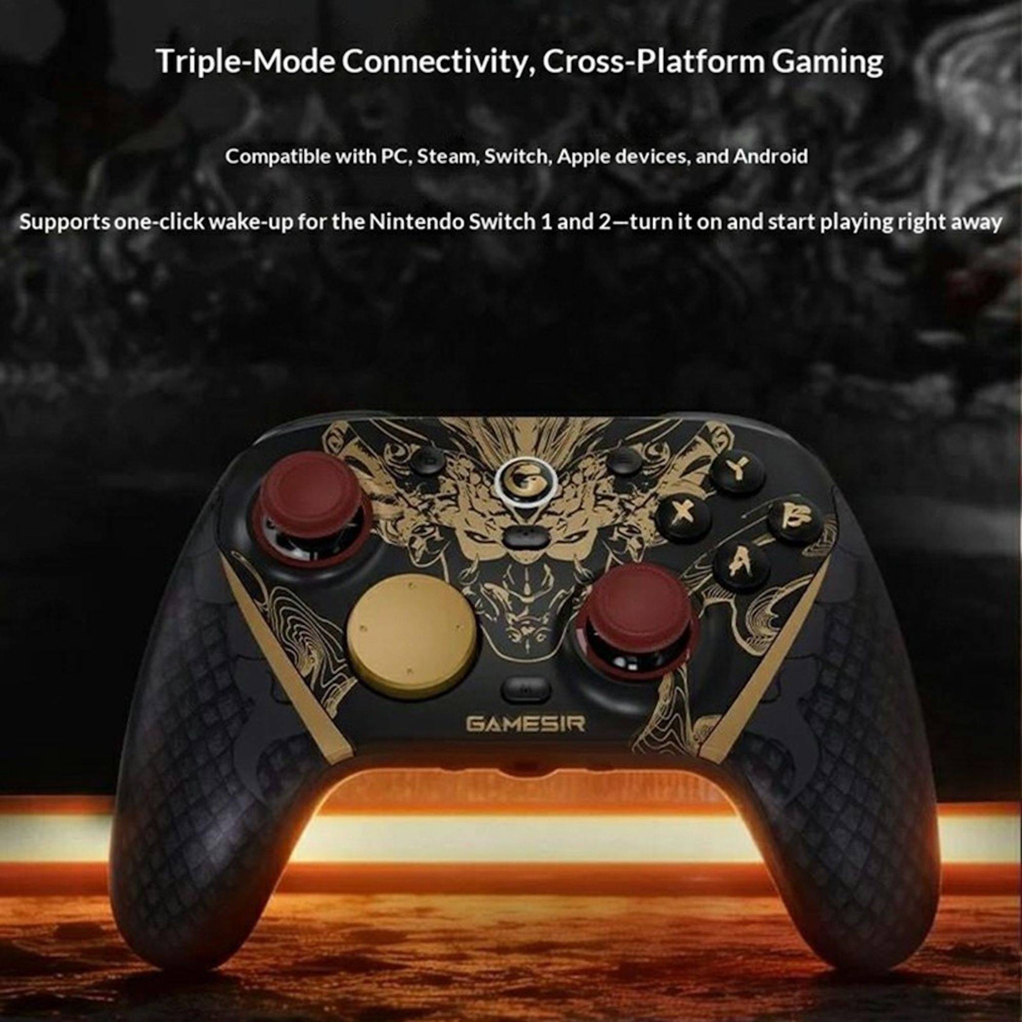GameSir kabelloses Spiele-Controller mit dreimodaler Konnektivität für PC, Steam, Switch, Apple-Geräte und Android; unterstützt Einknopf-Aufwecken für Nintendo Switch.
