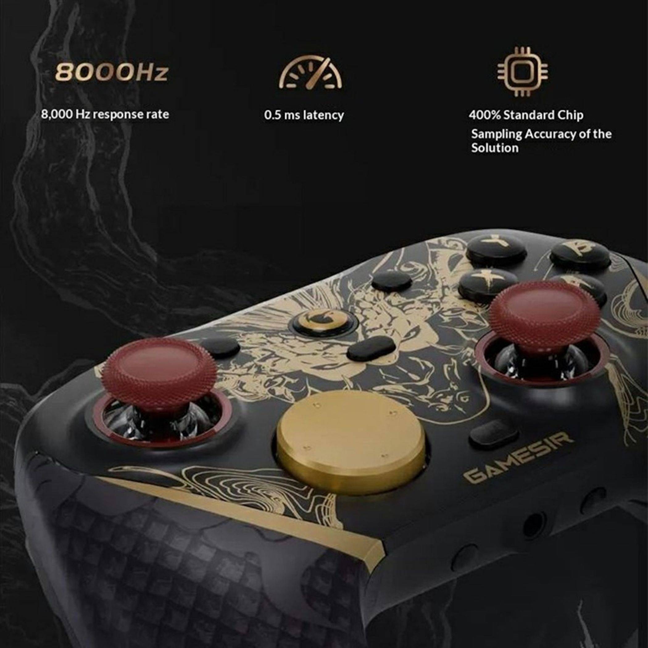 Dekoratives Produktbild eines GameSir-Spielecontrollers mit Gold- und Rotakzenten, das „8000Hz", „0,5ms Latenz"" und „400% Standard-Chip-Sampling-Genauigkeit der Lösung"" hervorhebt.