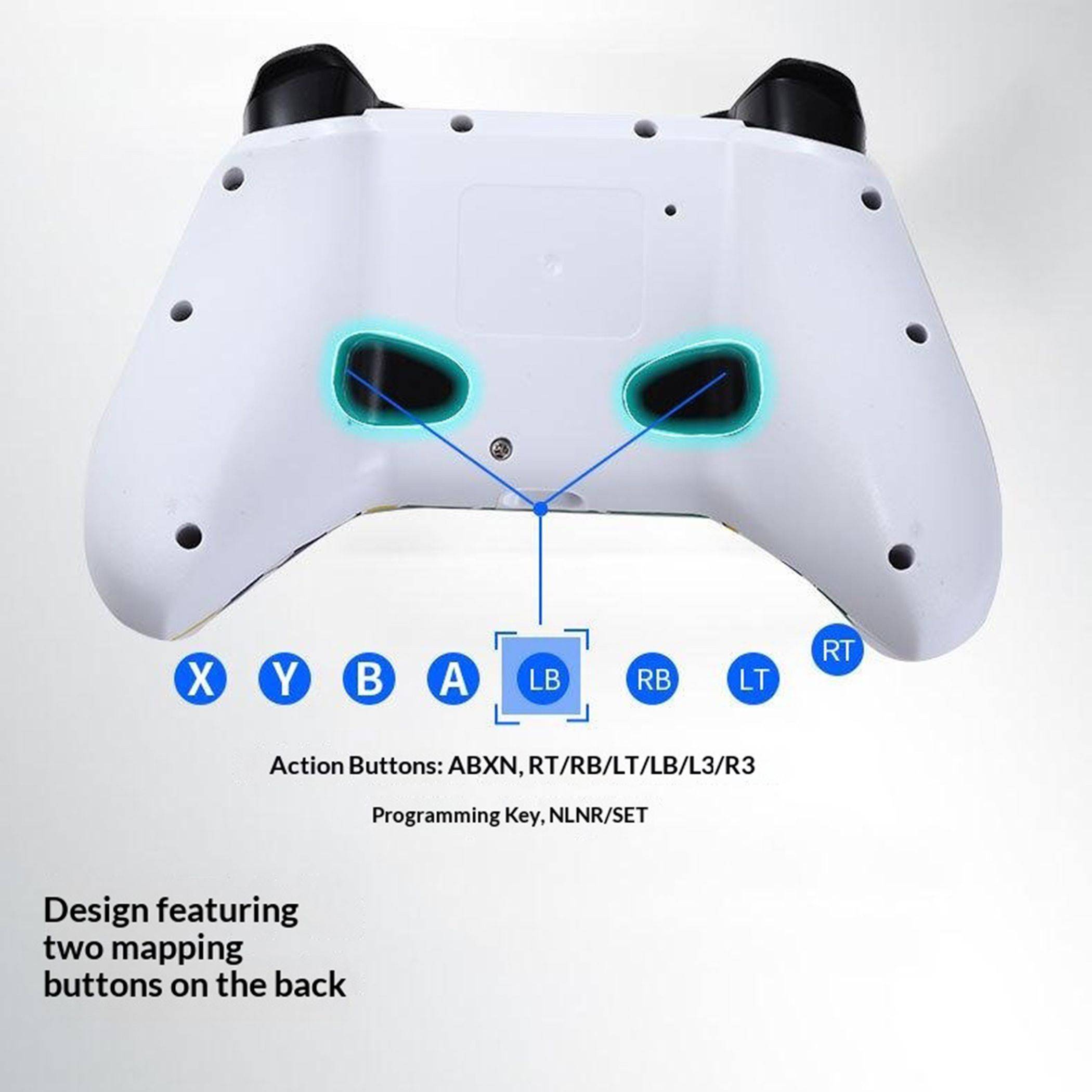 Rückseite eines Spielecontrollers mit zwei hervorgehobenen Zuordnungstasten, die zum Programmieren von ABXN-, RT/RB/LT/LB/L3/R3-Aktionen verwendet werden.
