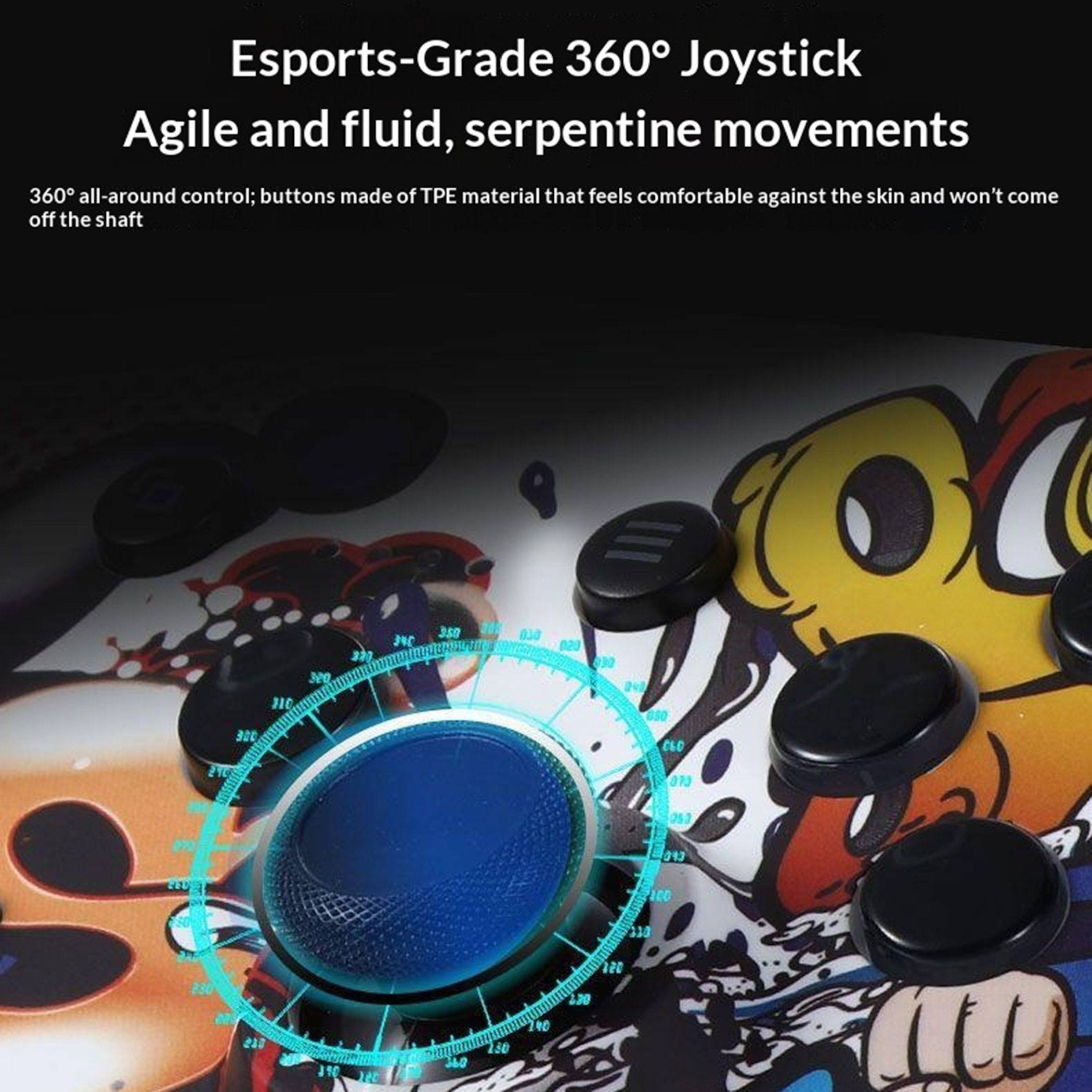 Werbebild eines esports-tauglichen 360°-Joysticks mit leuchtendem blauem Steuerring über einem Game-Controller, das reibungslose Bewegungen in alle Richtungen zeigt.
