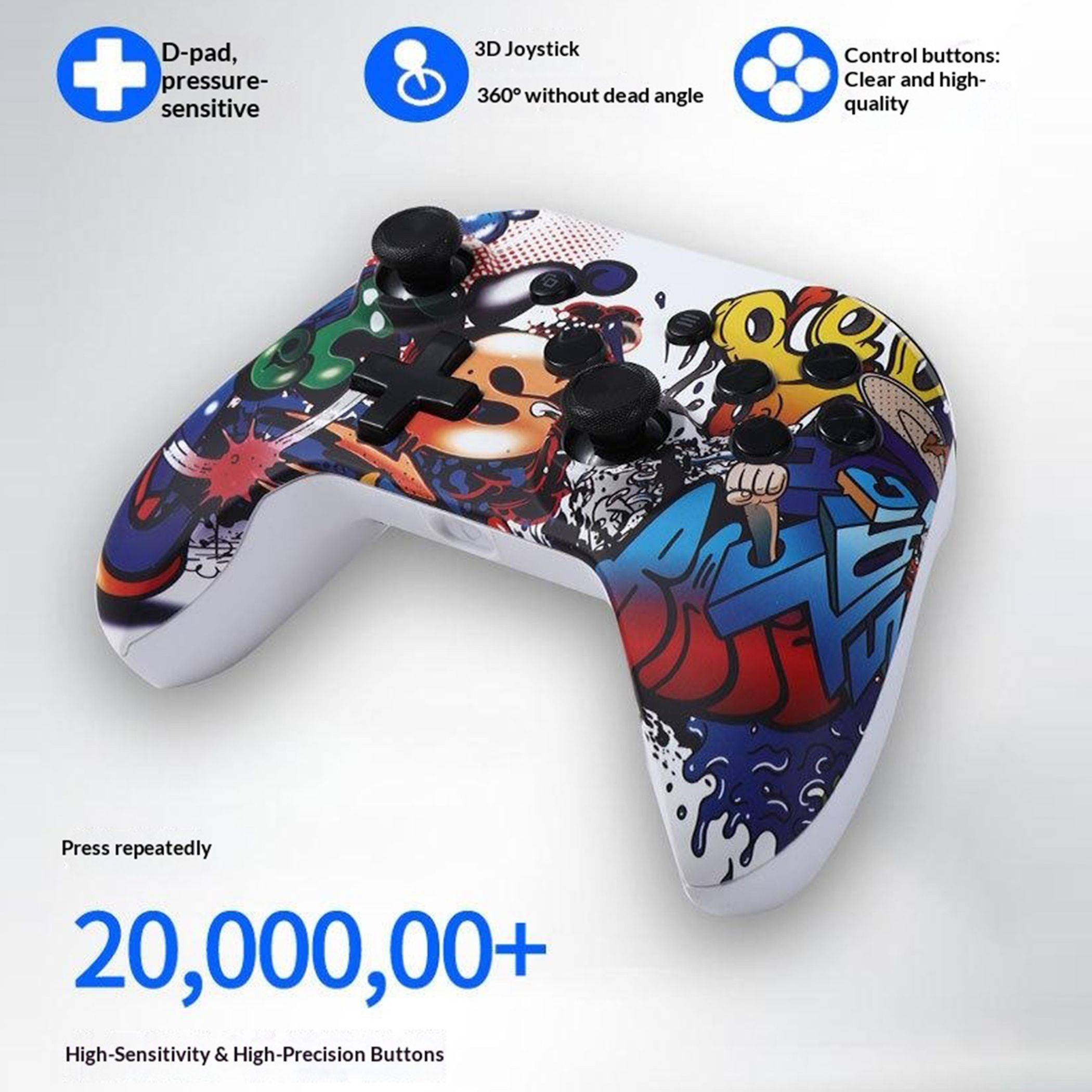 Farbenfrohe Spielcontroller-Anzeige mit einem Gamepad mit D-Pad, 3D-Joystick und Steuertasten; Der Text hebt hochempfindliche Tasten und '20.000.000+' hervor