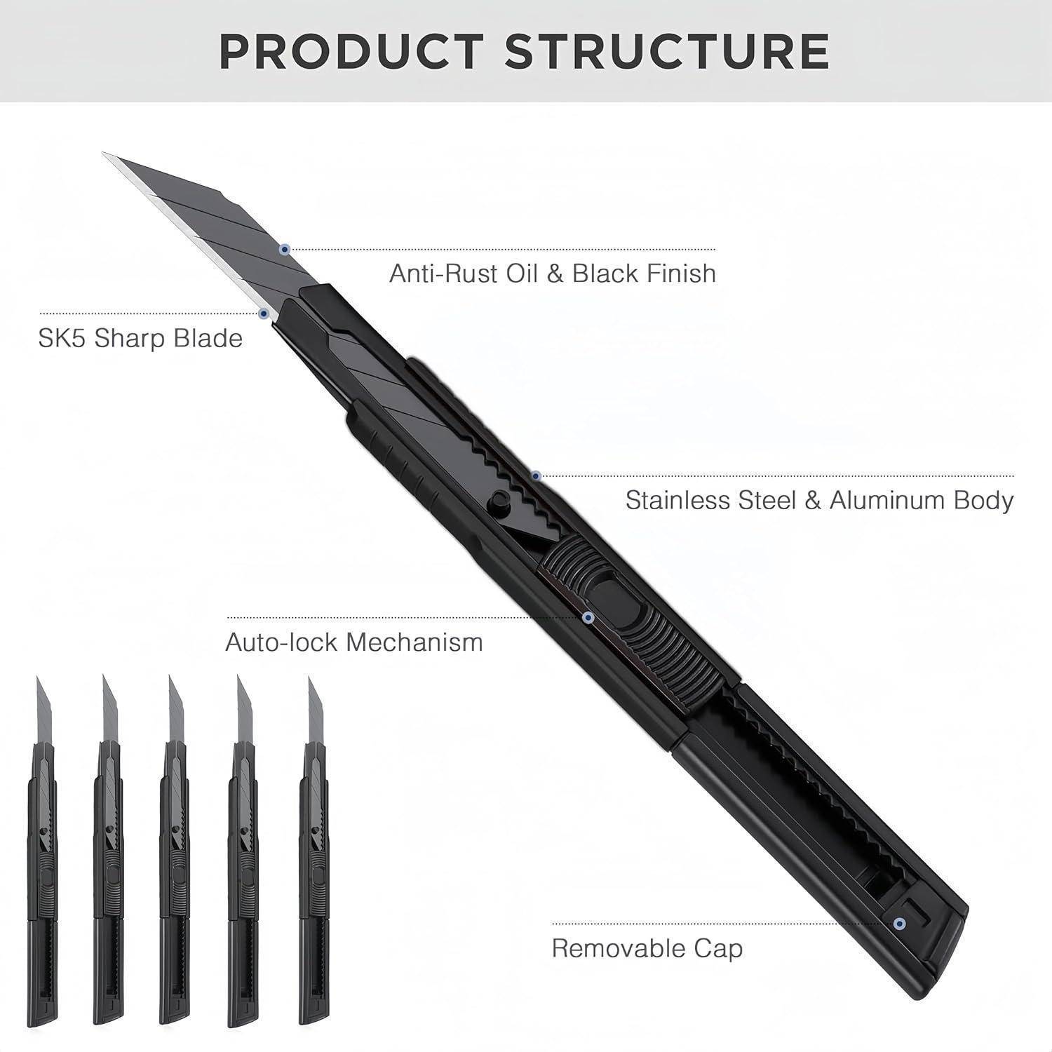 OhanaBeach® Cuttermesser 5er Set 9mm Edelstahlklinge ABS-Hülle