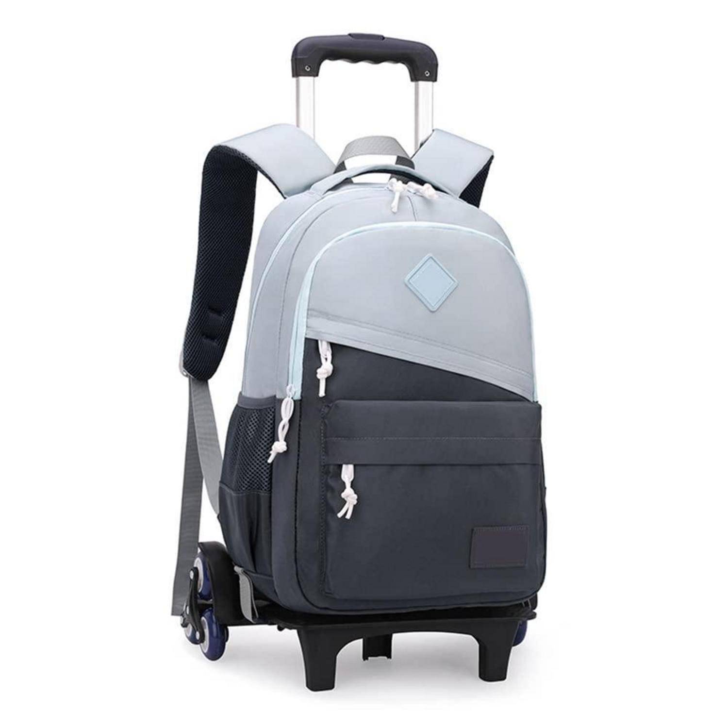 Grauer und schwarzer Rucksack mit Rädern, Teleskopgriff und Schultergurten, Vorderansicht auf weißem Hintergrund gezeigt.