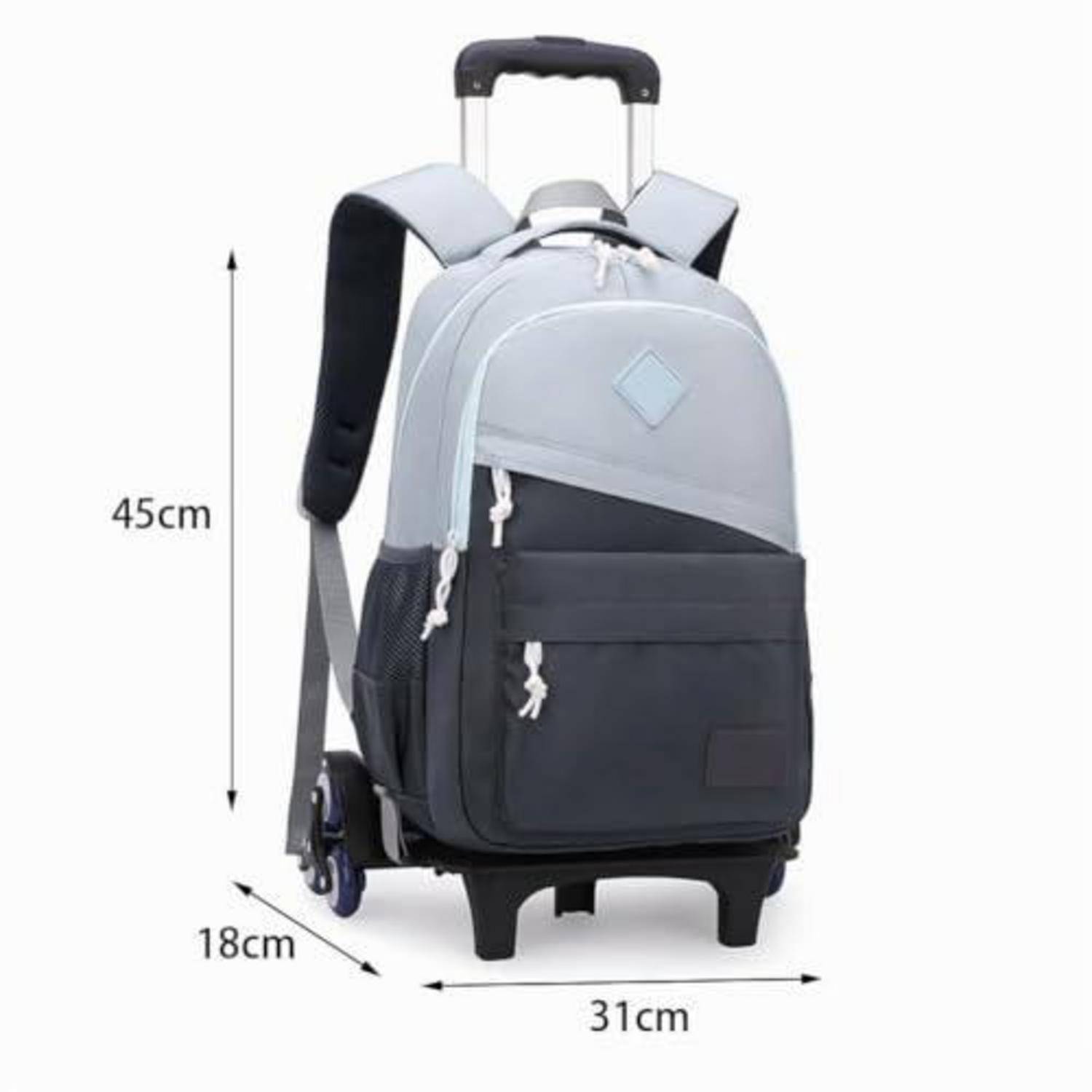 Zweirädriger Rollkoffer mit Teleskopgriff, gezeigt mit Abmessungen von 45 cm Höhe, 31 cm Breite und 18 cm Tiefe.