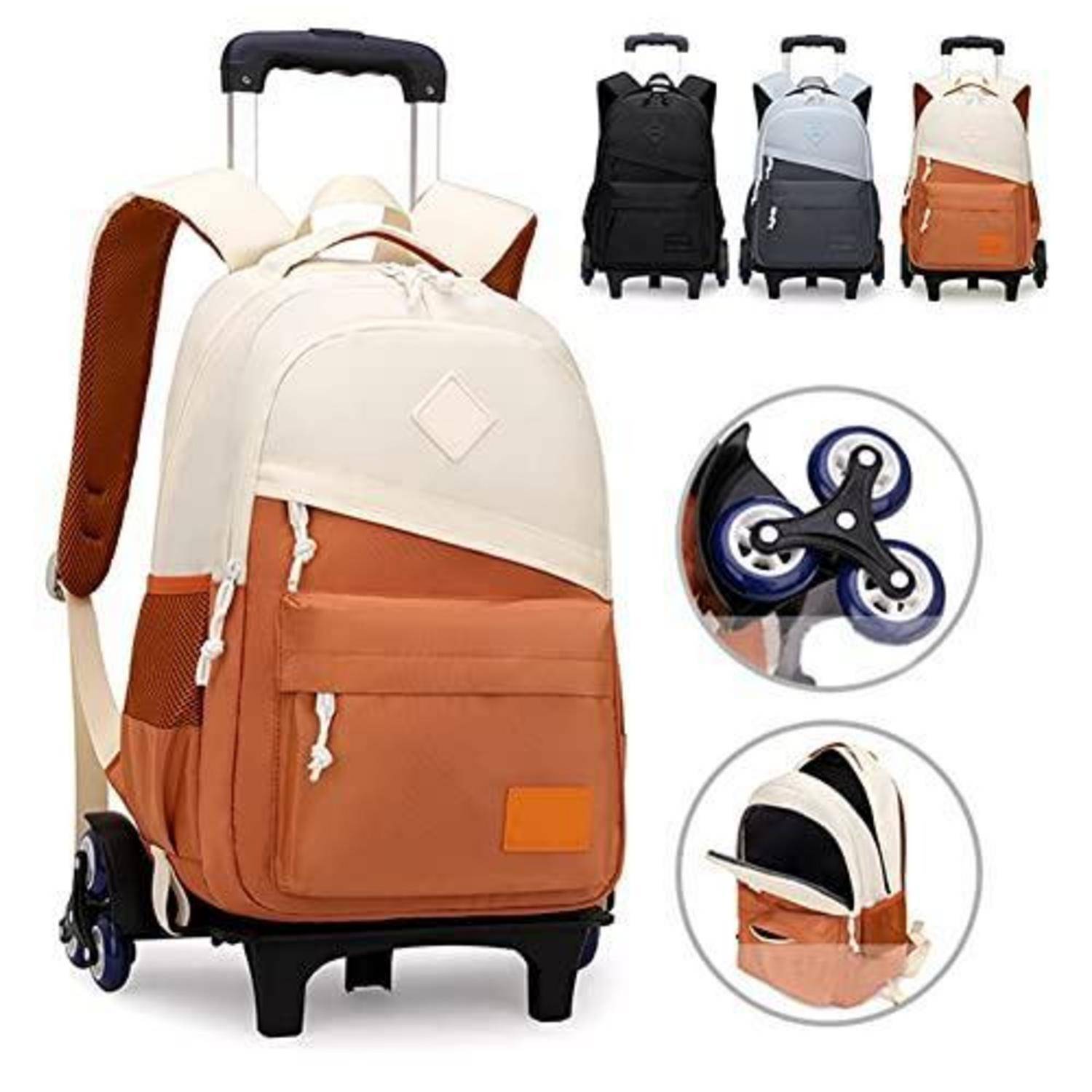 Reisetasche mit Rollen und Teleskopgriff, gezeigt in Creme und Braun; Detailansichten zeigen Farbvarianten in Schwarz, Grau und Orange sowie Raddetails.