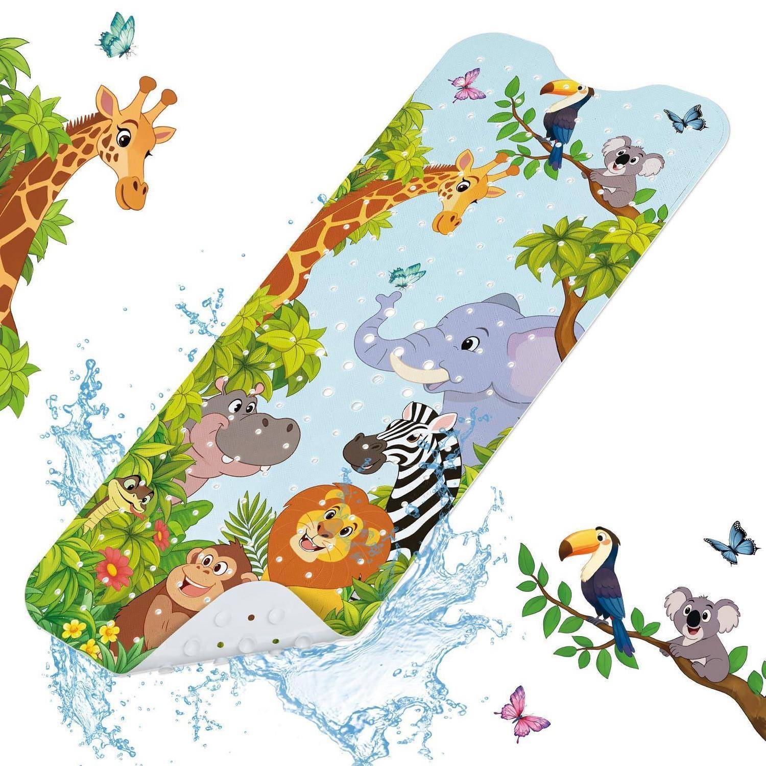 Bunte Dschungelszene auf einem Wasserflaschenwickel: Giraffe, Elefant, Zebra, Löwe, Affe, Koala, Tukan, Schmetterlinge und spritzendes Wasser.