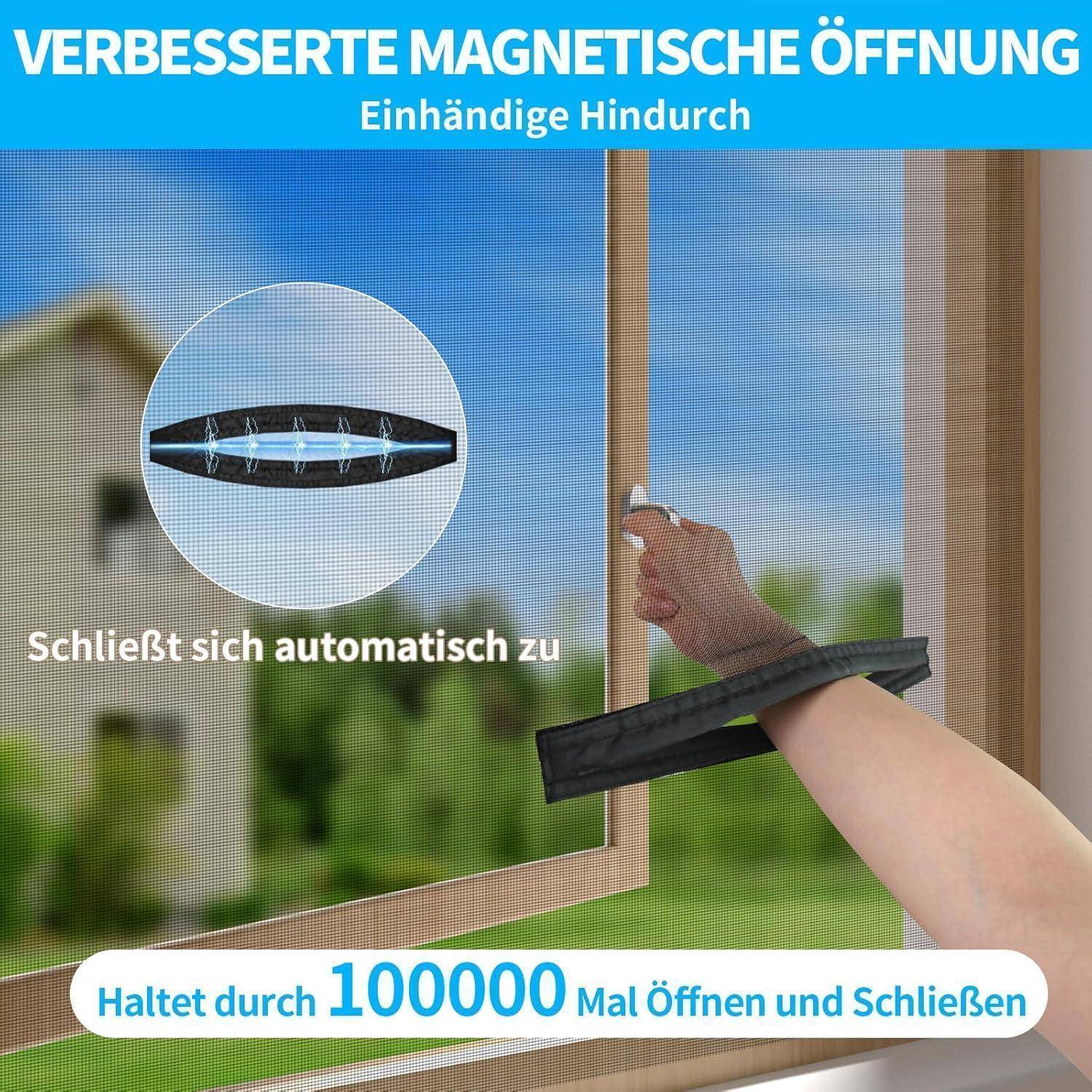 Hand hält eine Fliegengittertür mit magnetischem Verschluss; deutscher Text bewirbt verbesserte magnetische Öffnung, automatisches Schließen und 100000 Öffnungs- und Schließzyklen.