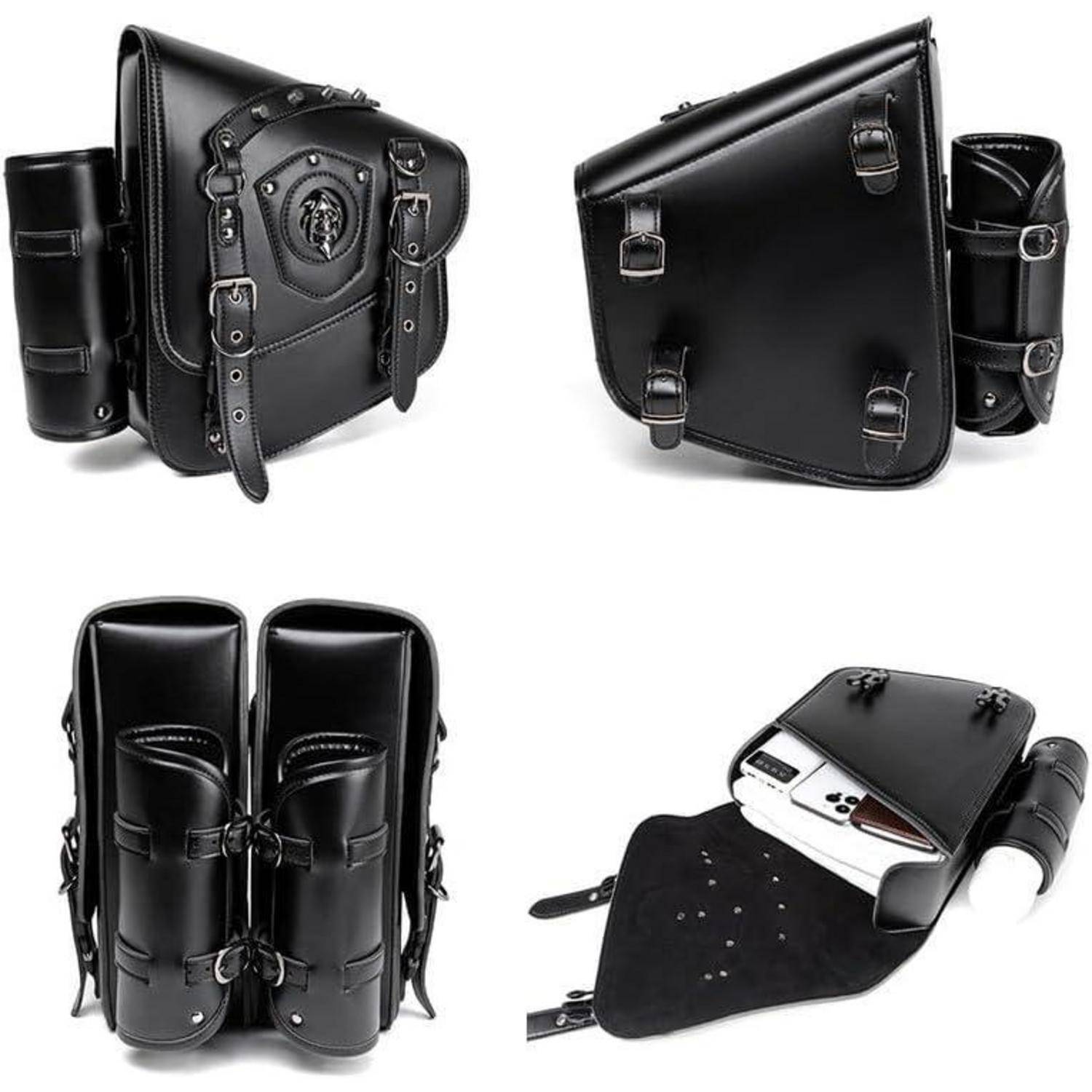 Schwarze Ledermotorrad-Satteltaschen aus mehreren Blickwinkeln dargestellt, einschließlich einer Ansicht mit offener Klappe und Seitenabteilen.
