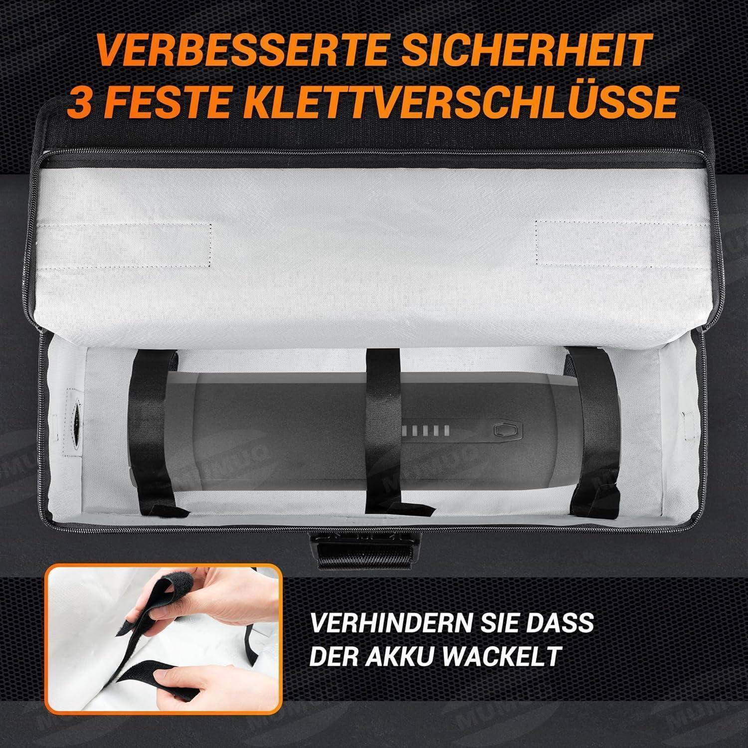 Offener Koffer mit einer durch drei Klettverschlüsse gesicherten Batterie; deutscher Text besagt verbesserte Sicherheit und verhindert ein Wackeln der Batterie.