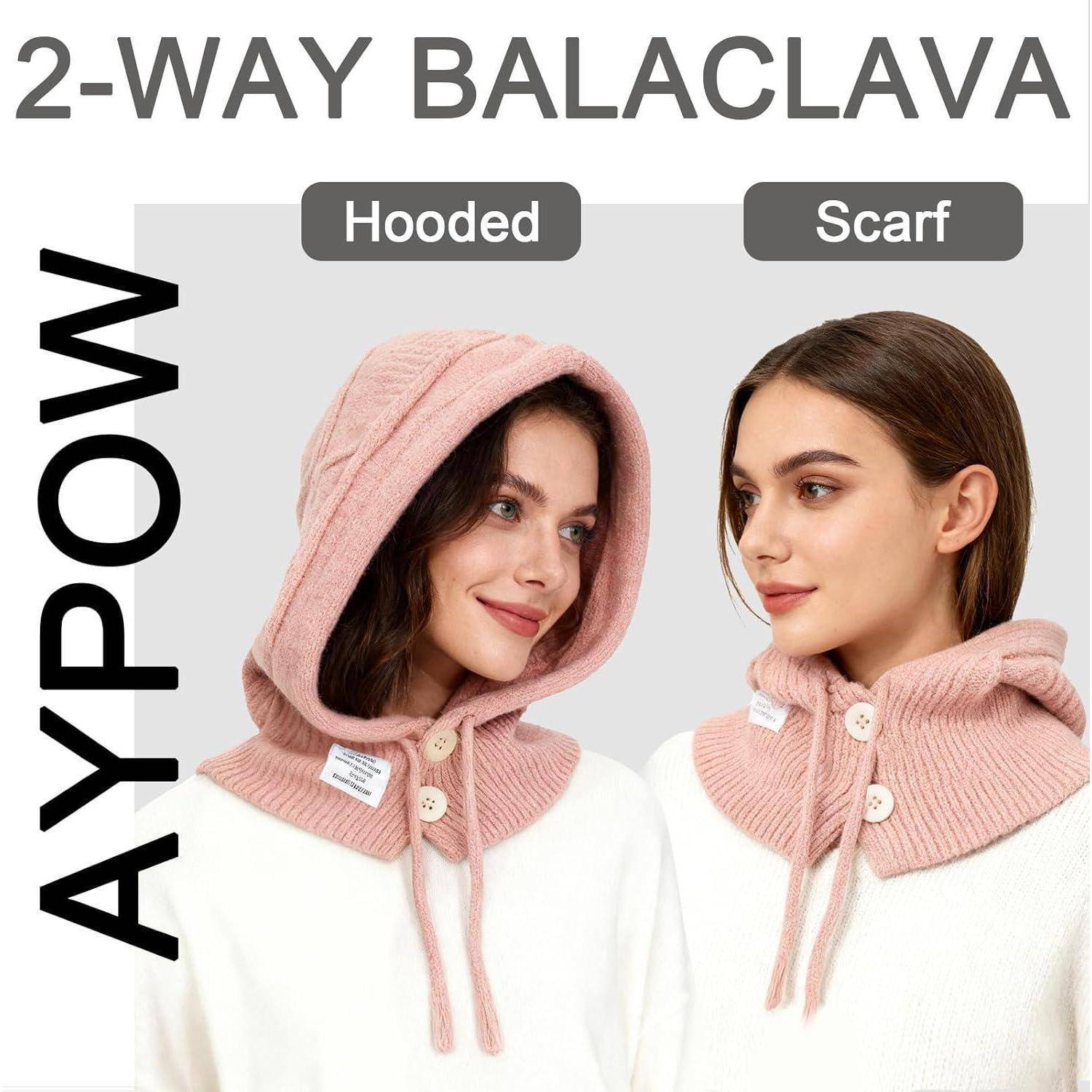 Anzeige für eine '2-WAY-GESICHTSMASKE' mit einer rosa gestrickten Haube/einem Schal, getragen auf zwei verschiedene Arten: als Kapuze und als Schal, auf zwei Modellen mit 'AYPOW'-Branding.