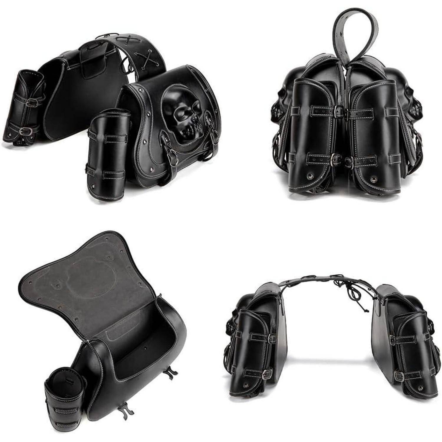 Schwarze Leder-Motorrad-Satteltaschen und abnehmbare Tasche aus vier Winkeln auf weißem Hintergrund dargestellt.