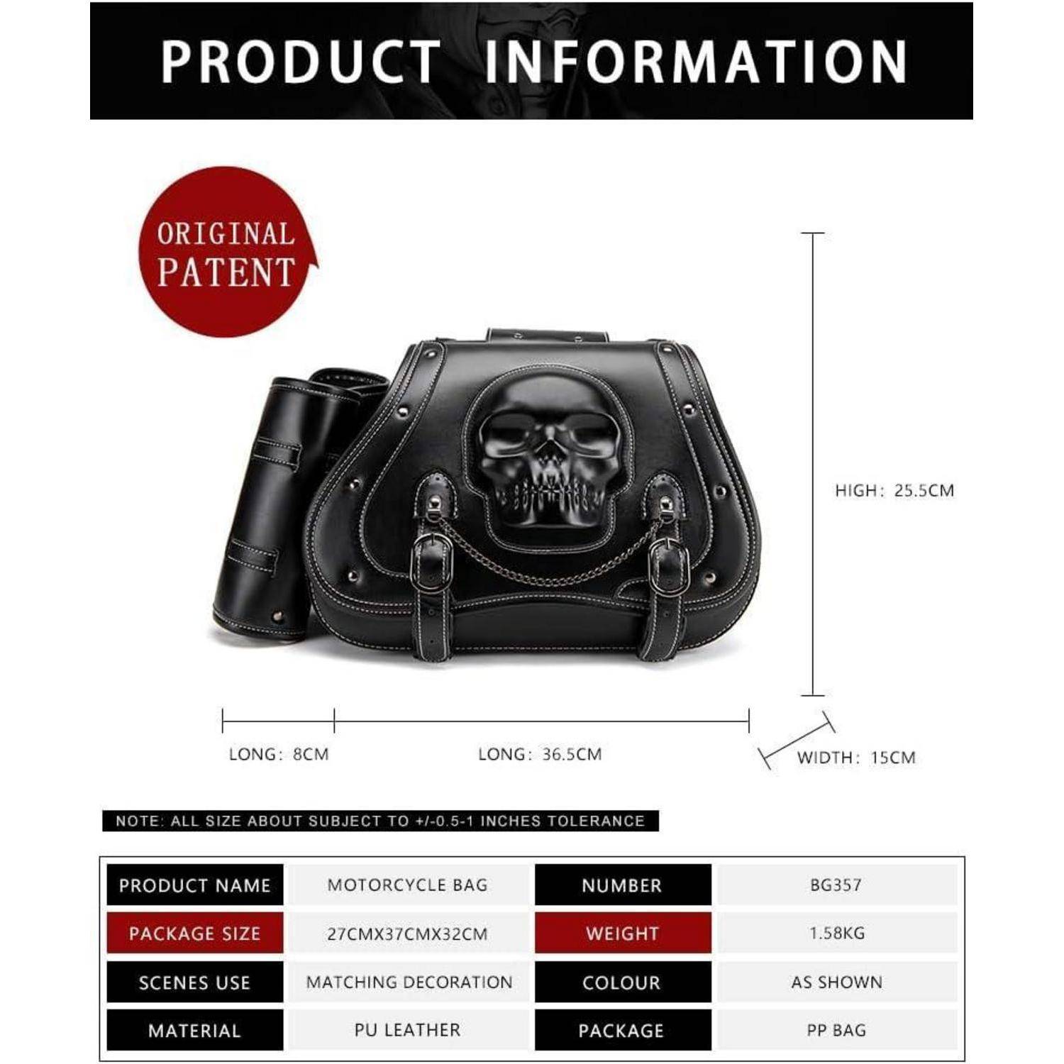 Produktinformationsgrafik für eine schwarze Motorradtasche mit Totenkopfverzierung; zeigt Abmessungen von 36,5 cm Länge, 25,5 cm Höhe, 15 cm Breite und Spezifikationen einschließlich PU-Leder und 1,58 kg.