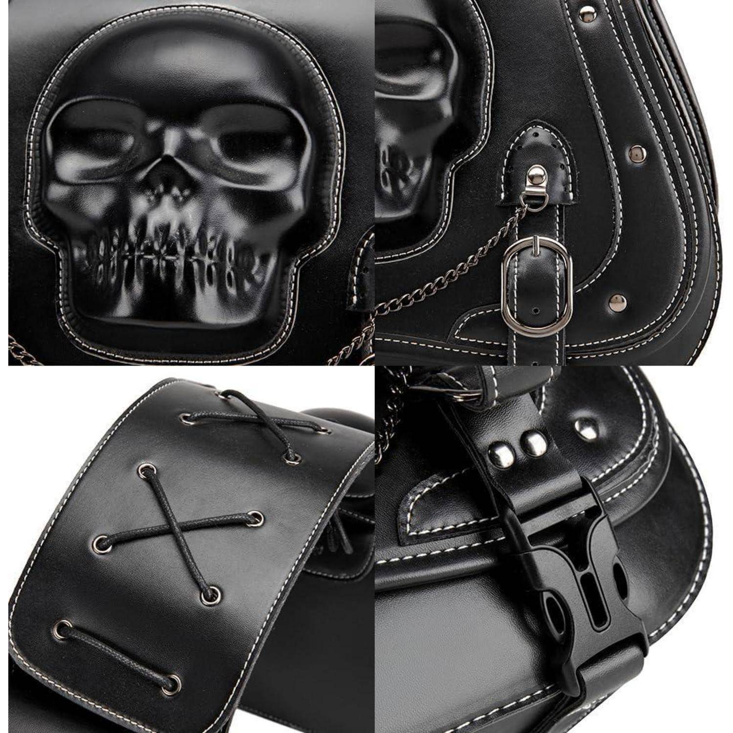 Collage einer schwarzen Ledertasche mit Totenkopf-Motiv, die gesteppte Totenkopf-Details, Schnallen- und Kettenbeschläge, ein geschnürtes Panel und einen Clipverschluss zeigt.