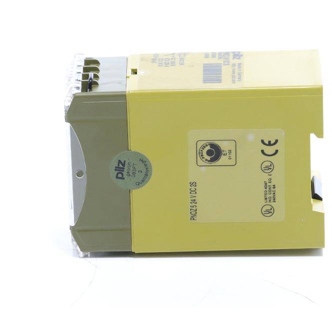 Gelbes industrielles elektrisches Steuermodul mit Sicherheitszertifizierungsetiketten und Anschlussklemmen