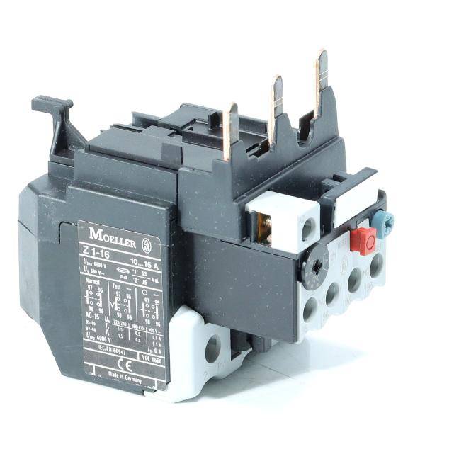 Grauer elektrischer Überlastschutzschalter mit Anschlussfahnen und einem roten Resetknopf, dargestellt auf weißem Hintergrund.
