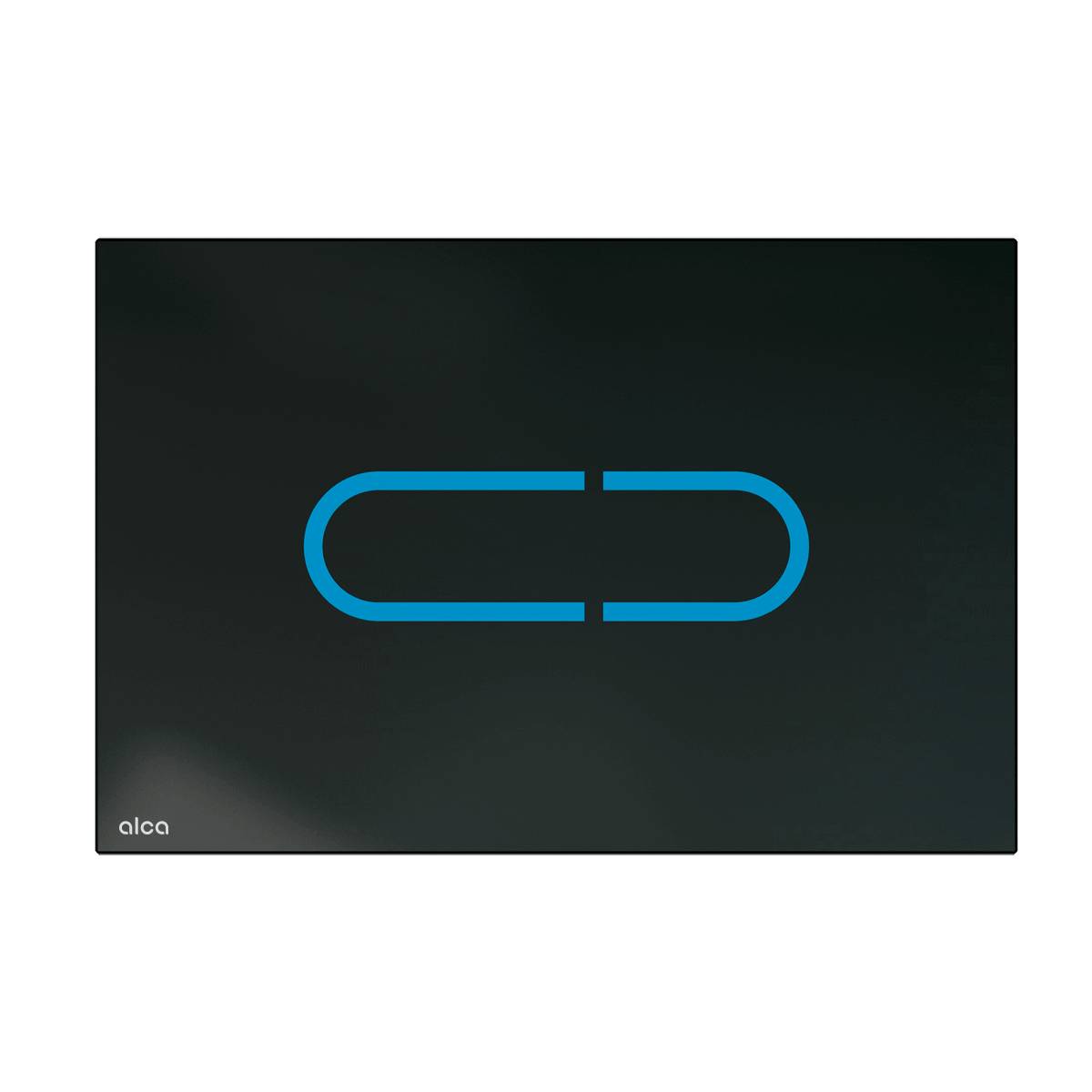 Dunkelrechteckiges Grafik mit einem leuchtend blauen, pillenförmigen Link-Symbol in der Mitte auf schwarzem Hintergrund, mit kleinem Text „alca