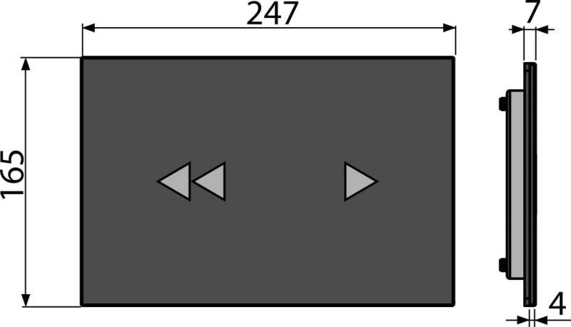 Technische Zeichnung einer rechteckigen Wandplatte oder Schalterplatte, Vorder- und Seitenansichten mit beschrifteten Abmessungen 24,7 × 16,5 und Tiefe 4, mit Links- und Rechtspfeil-Symbolen.