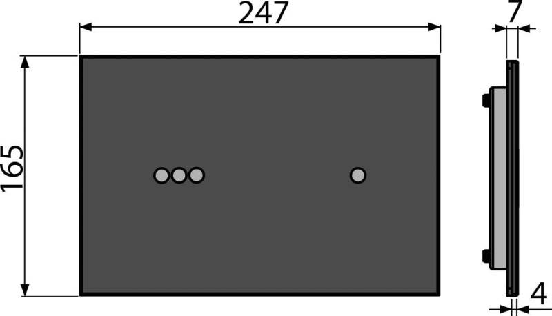 Technische Zeichnung eines rechteckigen Panels mit den Abmessungen 24,7 x 16,5 Zoll, mit vier kreisförmigen Löchern auf der Vorderseite und einer Seitenansicht, die eine Tiefe von 4 Zoll anzeigt.
