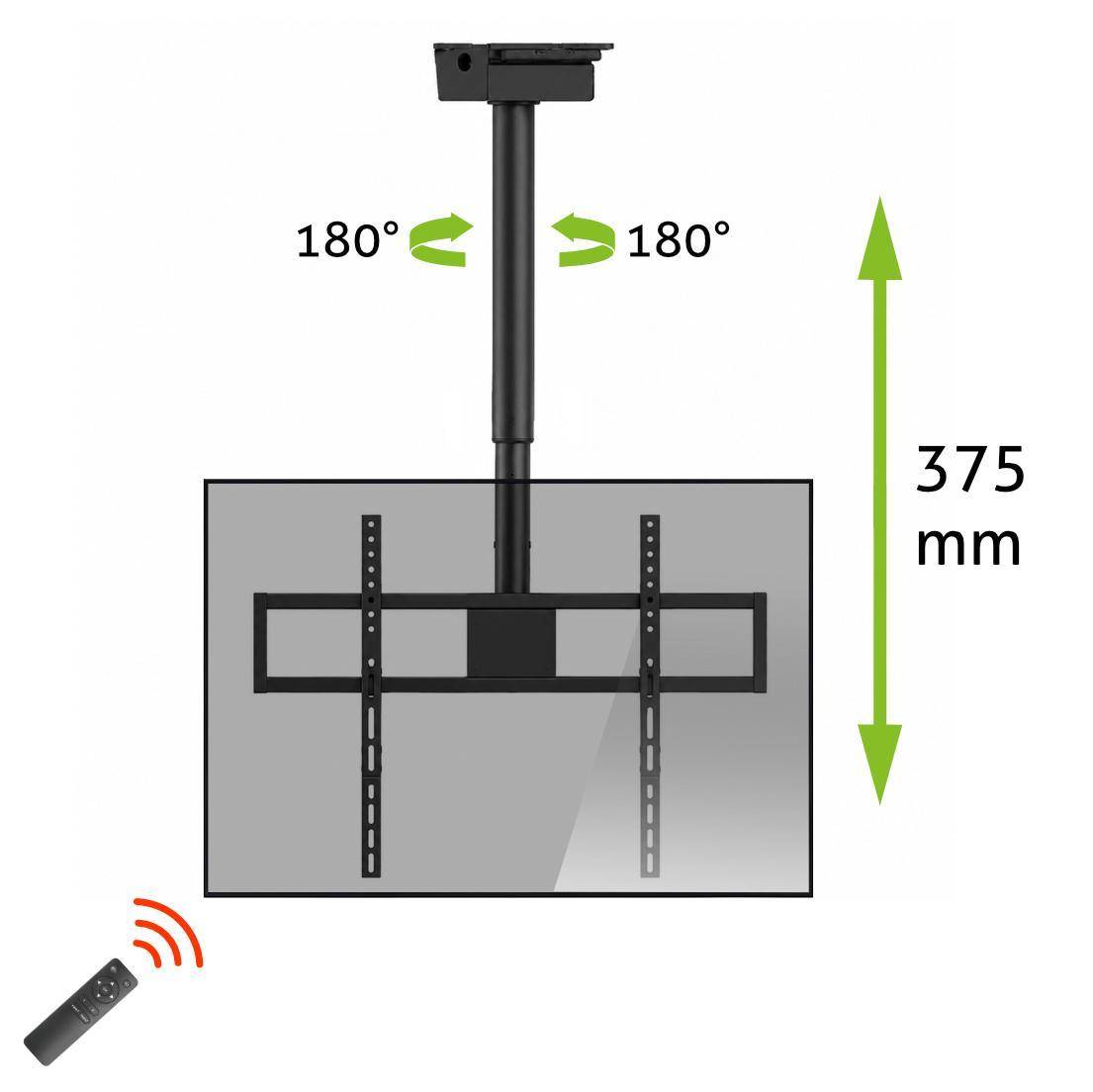 Deckenfernsehhalterung mit Diagramm, das eine 180°-Schwenkfunktion und eine Absenkungshöhe von 375 mm zeigt, mit Fernbedienung zur Einstellung.