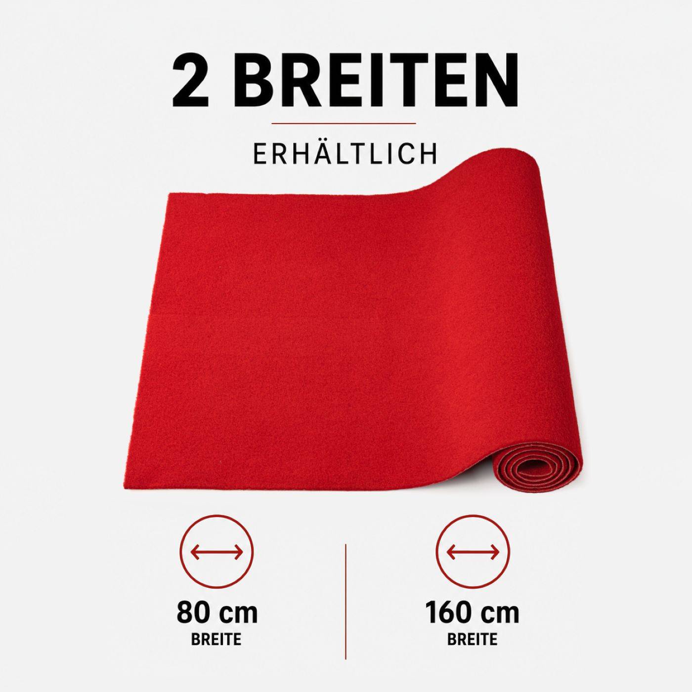 Rote Filzmatte in zwei Breiten erhältlich: 80 cm und 160 cm, mit deutschem Text „2 BREITEN ERHÄLTLICH", das verfügbare Größen anzeigt.