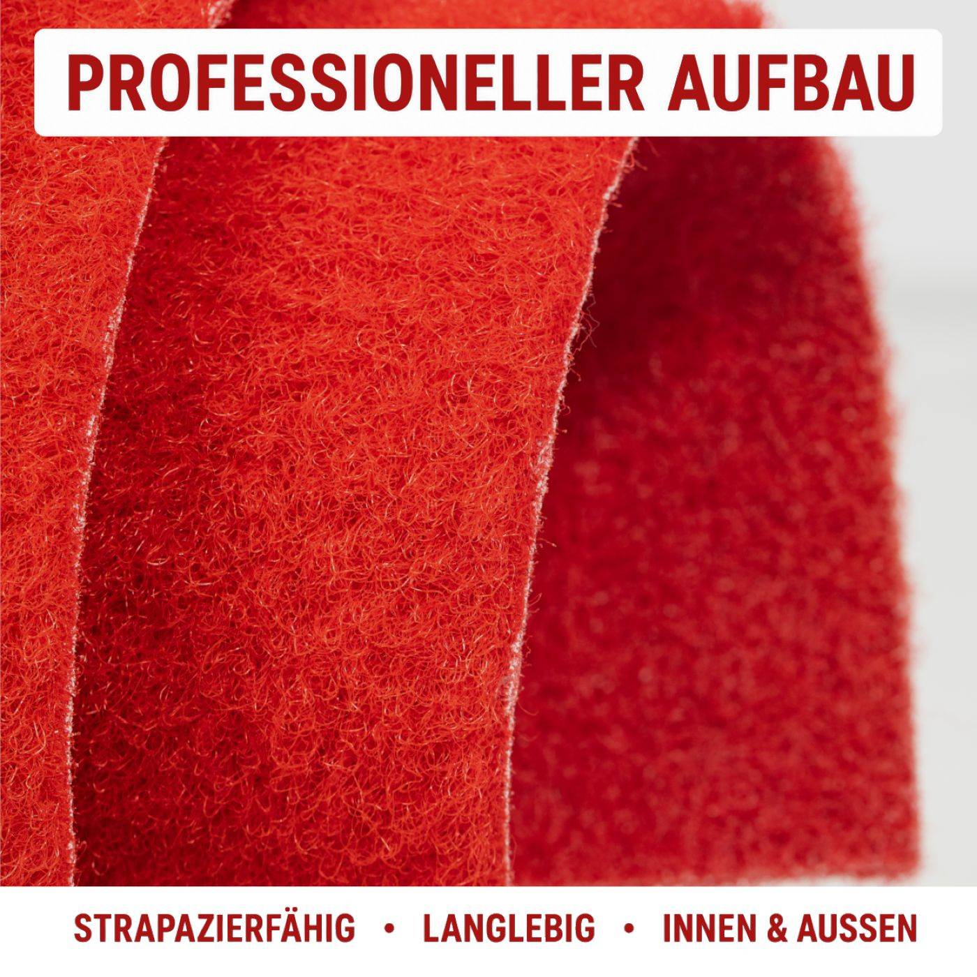 Rotes Filzmaterial mit dem Text „PROFESSIONELLER AUFBAU" und „STRAPAZIERFÄHIG · LANGLEBIG · INNEN & AUSSEN"", das die strapazierfähige Verwendung im Innen- und Außenbereich bewirbt.