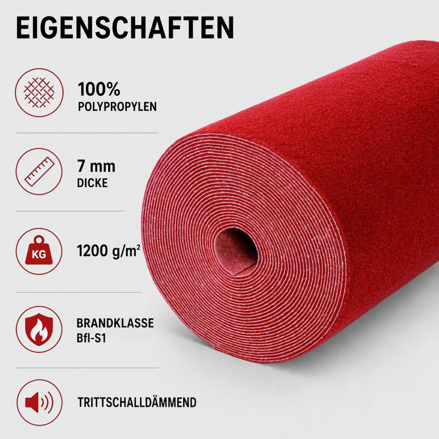 Roter gerollter Teppich oder Unterlag mit deutschen Merkmalen: 100% Polypropylen, 7 mm dick, 1200 g/m², Brandklasse Bfl-S1, trittschallgedämmt.