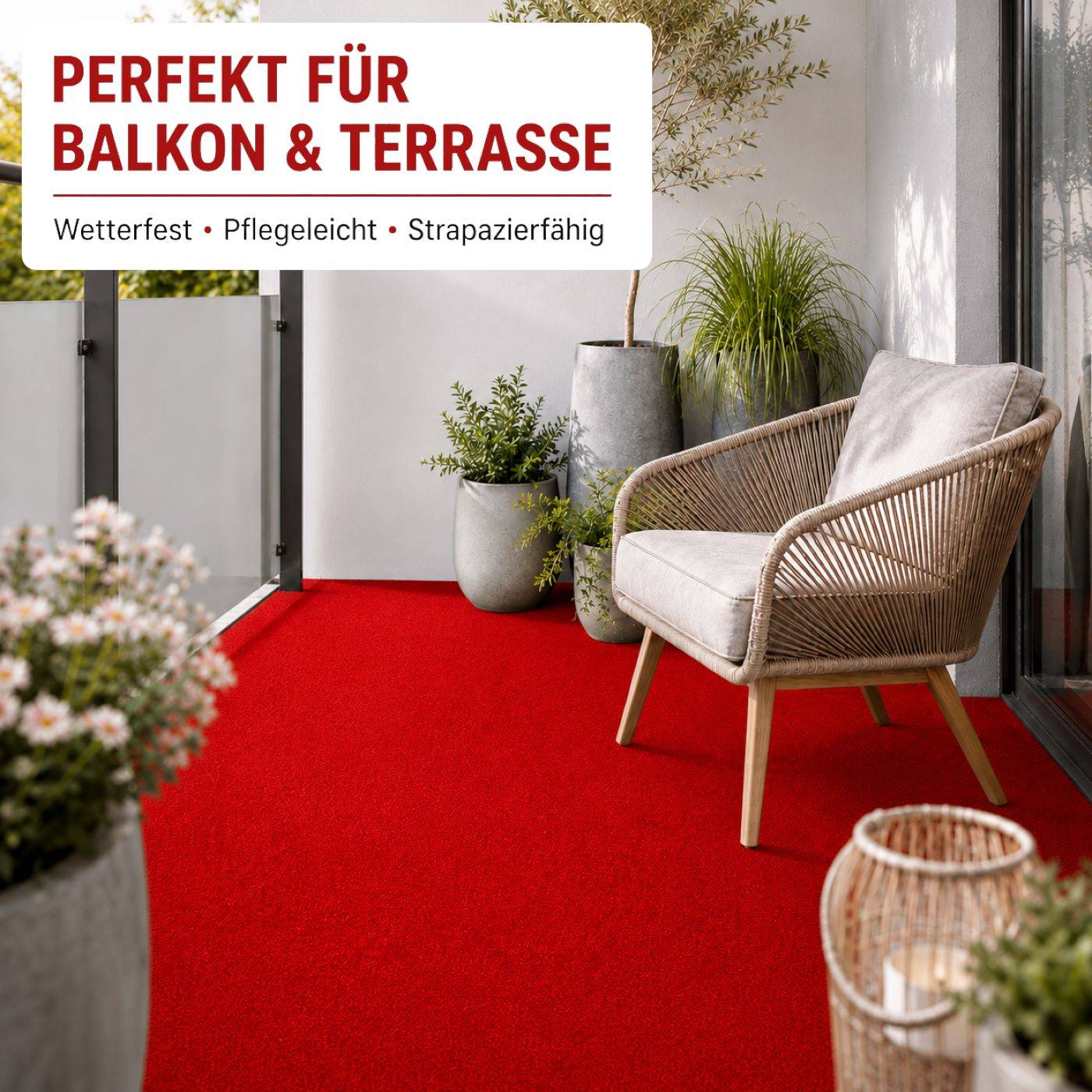 Roter Balkon-Terrassen-Teppich mit Stuhl und Topfpflanzen; der Text besagt „PERFEKT FÜR BALKON & TERRASSE" und „Wetterfest • Pflegeleicht • Strapazierfähig"".