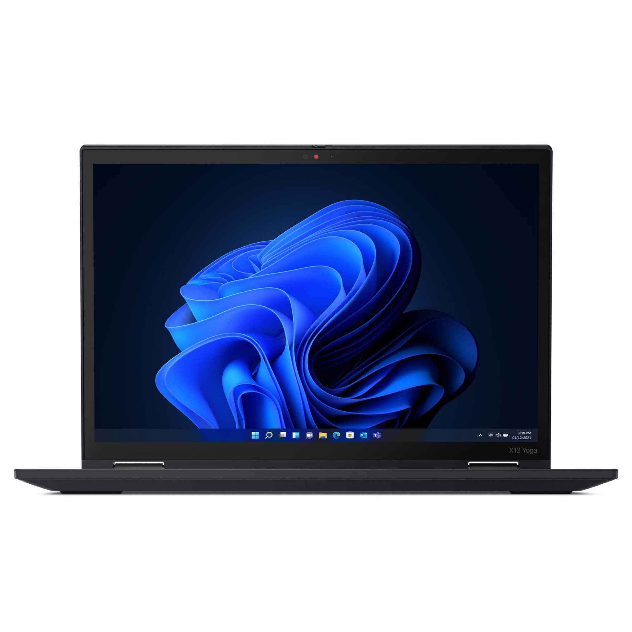 Ein schwarzer Laptop ist geöffnet und zeigt auf dem Bildschirm einen blauen abstrakten Windows-11-Hintergrund.