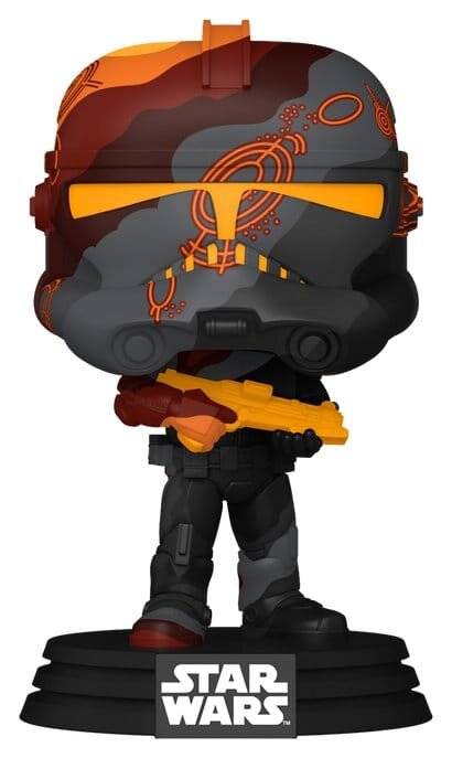 Star Wars Funko-Stil-Figur eines maskierten gepanzerten Charakters in Schwarz und Orange, stehend auf einem schwarzen Displayständer mit dem Star Wars-Logo.