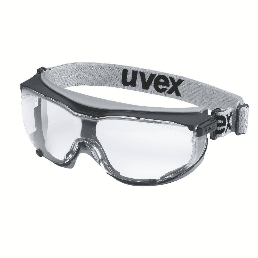 Klare UVEX-Schutzbrille mit verstellbarem grauem Riemen und schwarzem Rahmen auf weißem Hintergrund.