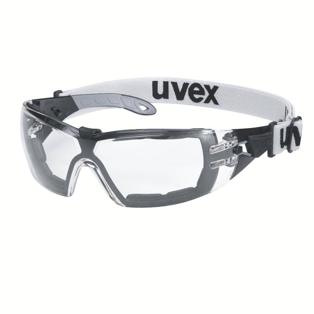 Klare UVEX-Schutzbrille mit schwarzem Rahmen und verstellbarem grauem Kopfband auf weißem Hintergrund.
