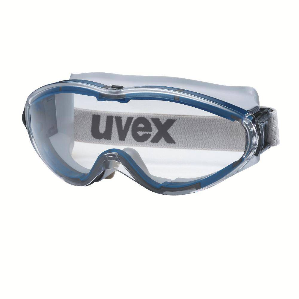 Blaue und graue uvex Schutzbrille mit verstellbarem Gummiband, auf weißem Hintergrund dargestellt.