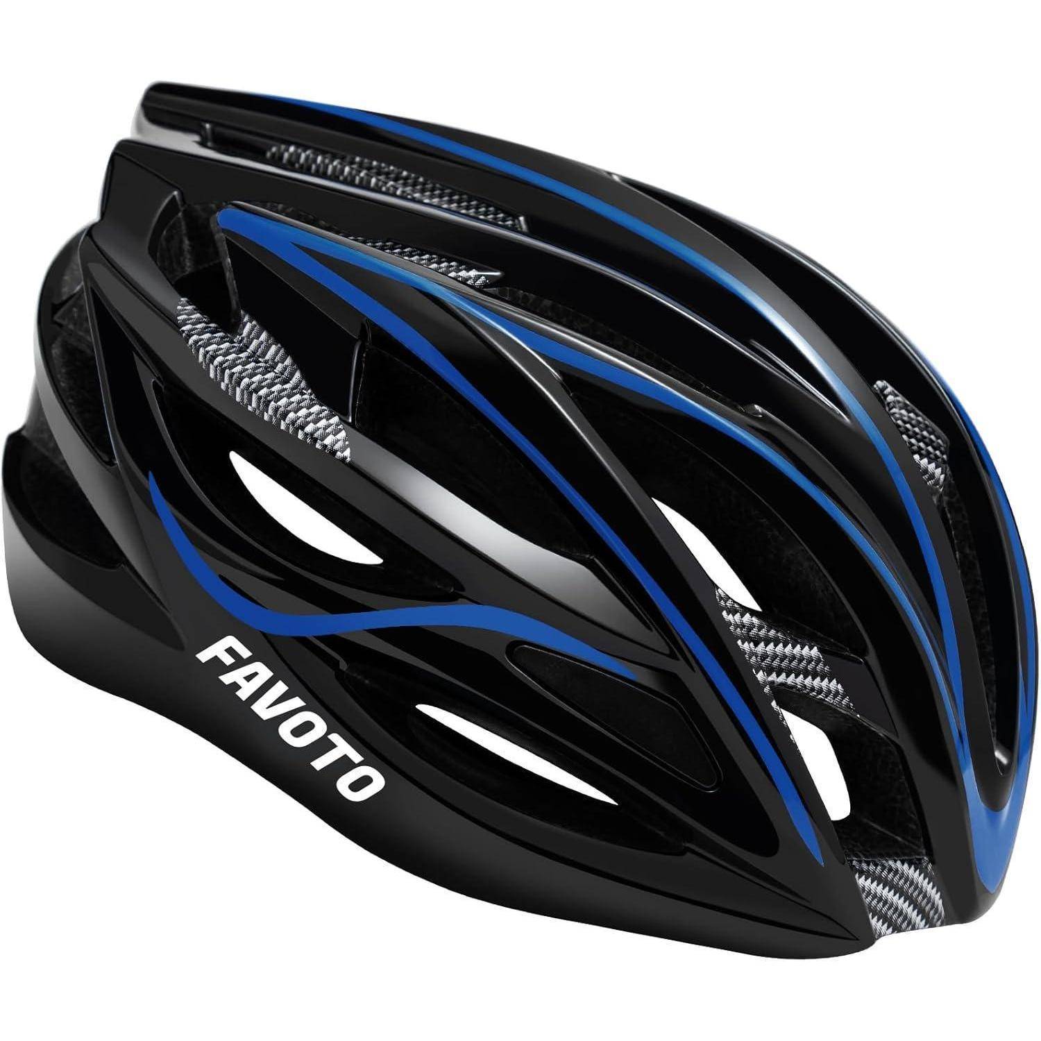 Schwarz-blauer FAVOTO-Fahrradhelm mit Belüftungsöffnungen, dargestellt auf weißem Hintergrund.