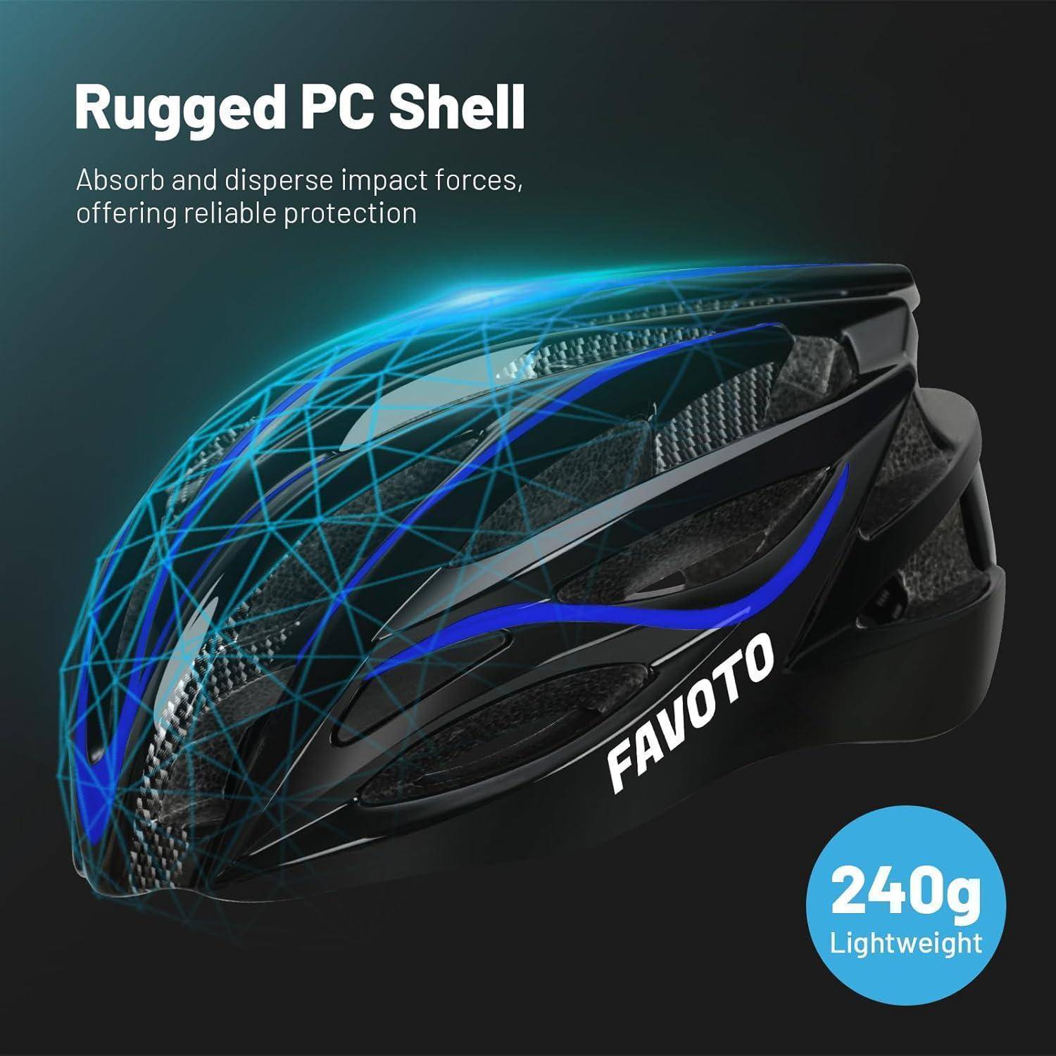 Werbebild eines schwarzen Fahrradhelms mit der Marke 'FAVOTO' mit dem Text 'Robuste PC-Schale' und '240g Leichtgewicht', das das Aufprallschutzdesign zeigt.