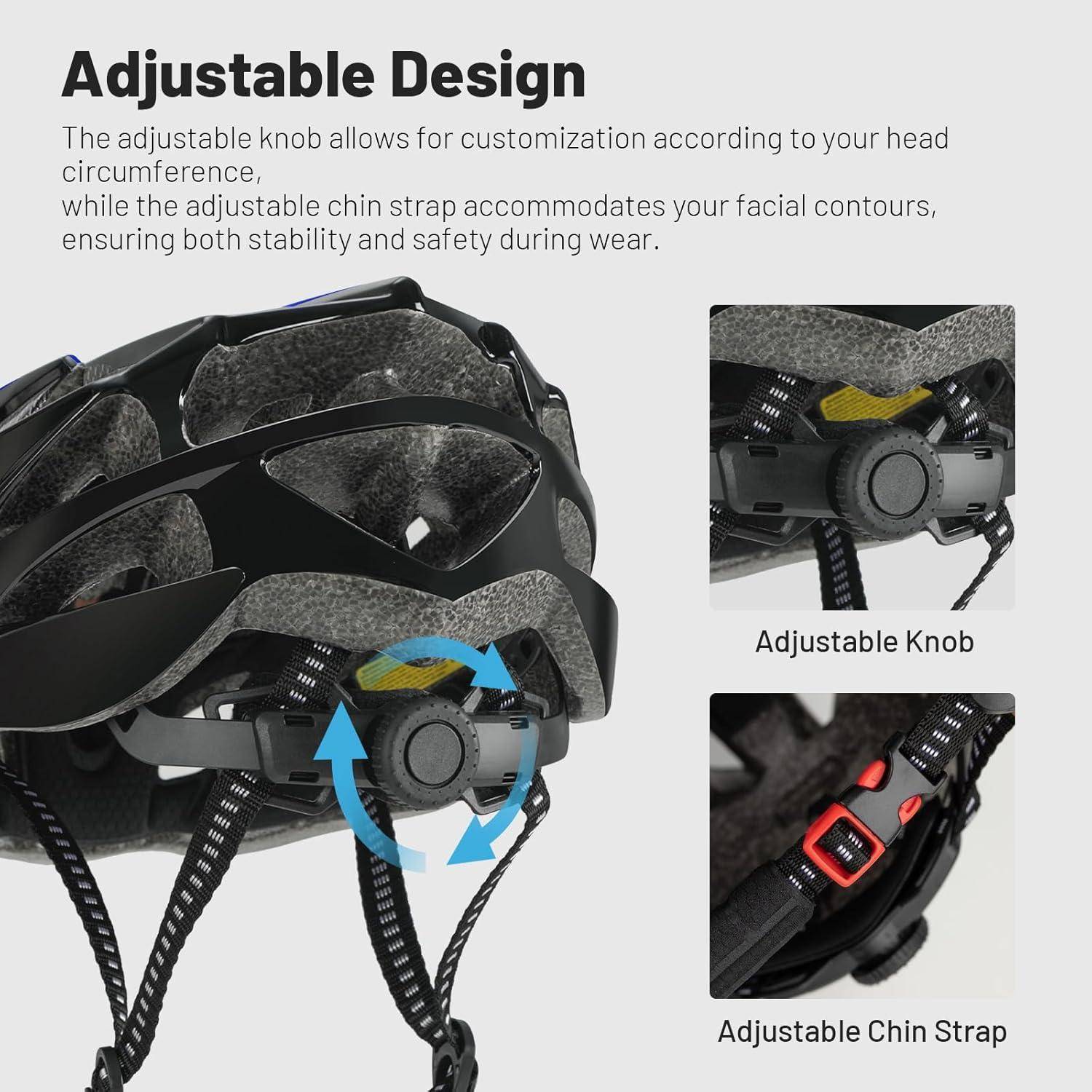 Helm mit verstellbarem Design, zeigt einen hinteren Drehknopf für die Kopfpassform und einen verstellbaren Kinnriemen für Stabilität und Sicherheit.