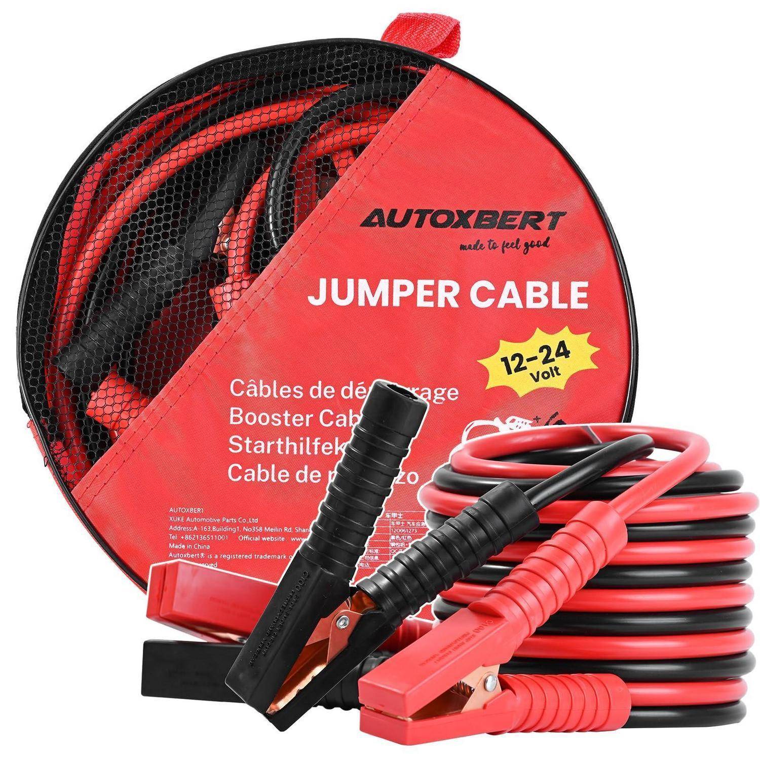Aufgerolltes rot-schwarzes Überbrückungskabel-Set mit Klemmen in einem roten Tragekoffer mit der Aufschrift „JUMPER CABLE