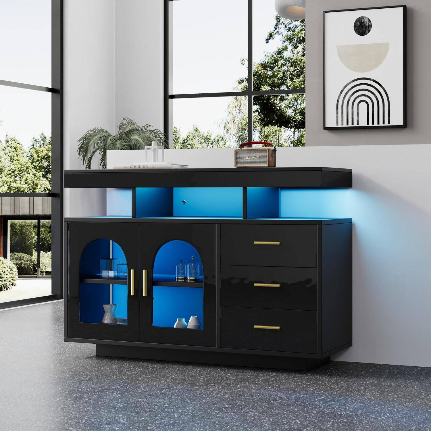 Sideboard 120cm mit 3 Schubladen und LED Schwarz