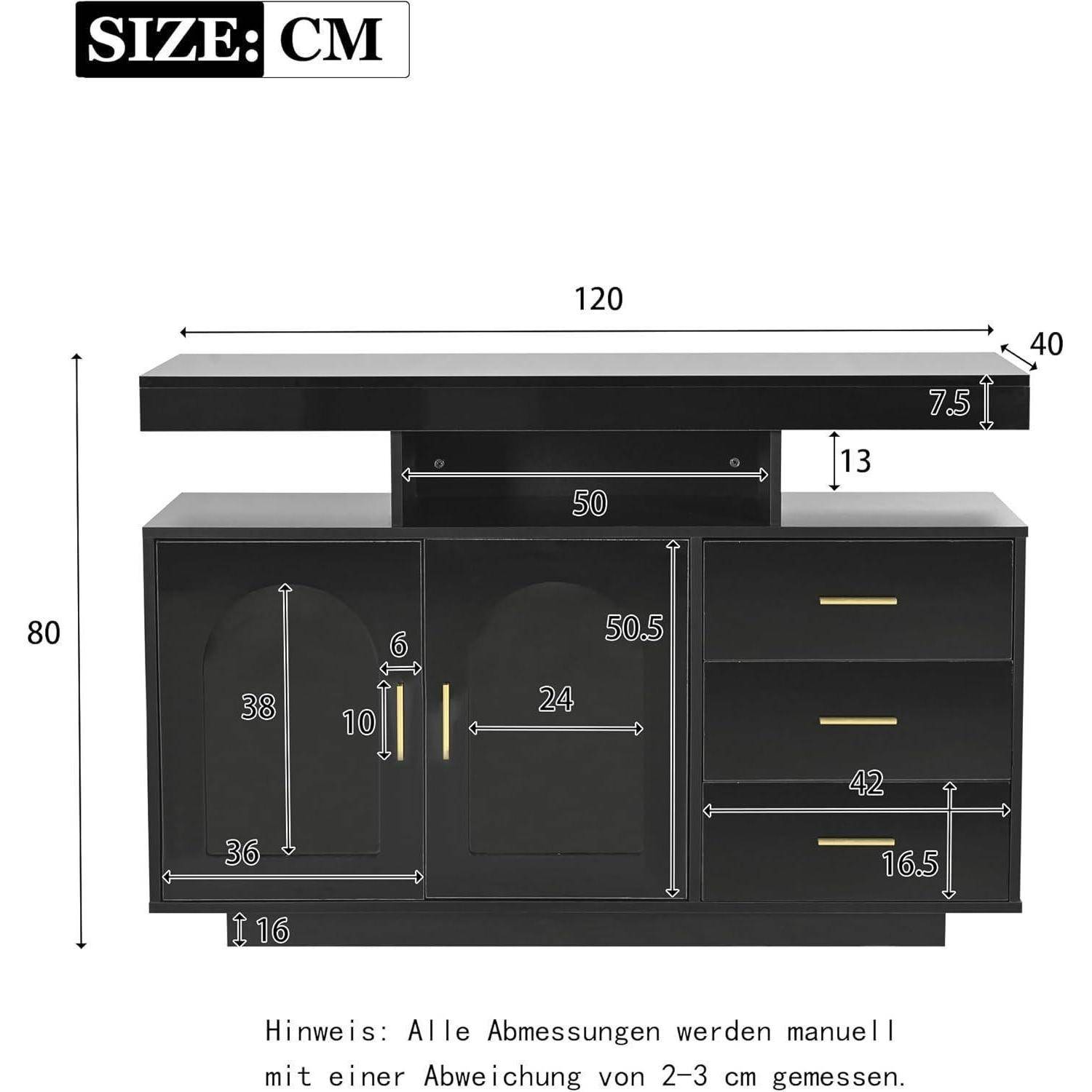 Sideboard 120cm mit 3 Schubladen und LED Schwarz