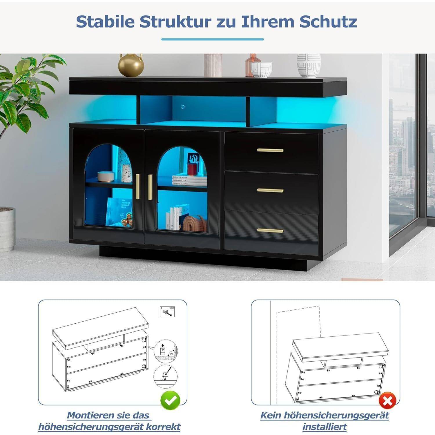 Sideboard 120cm mit 3 Schubladen und LED Schwarz