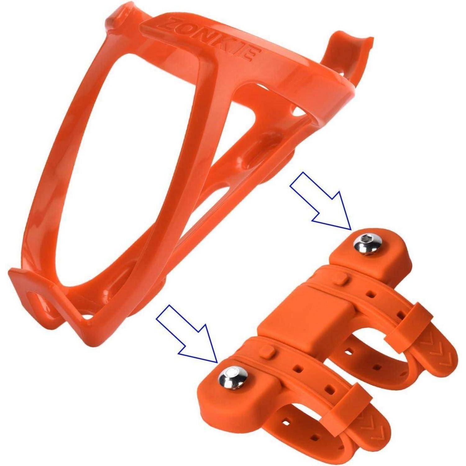 Orangener Klipp-Fahrrad-Wasserflaschenhalter mit Montageklammer und Pfeilen, die zeigen, wie die Teile zusammenpassen.