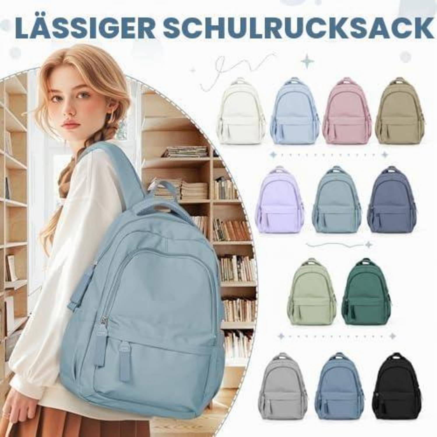 Schulrucksack Damen 14 Zoll Laptopfach Nylon Hellblau