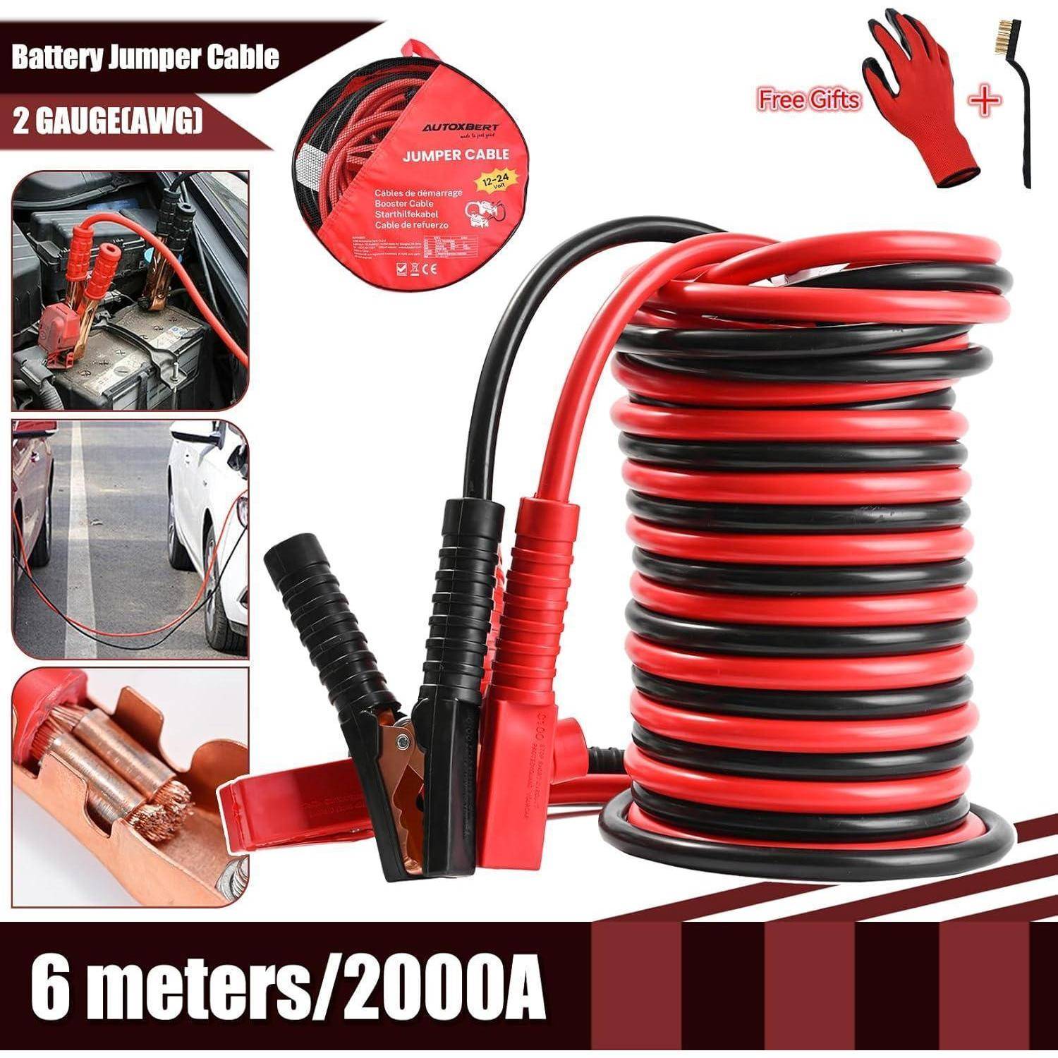 Aufgerolltes rot und schwarzes Batterieüberbrückungskabel mit Klemmen, gekennzeichnet mit 2er AWG-Gauge, 6 Meter/2000A, mit kleinen Fotos, die die Überbrückungsanwendung bei Autos zeigen und ein kostenloses Handschuh-Zubehör.