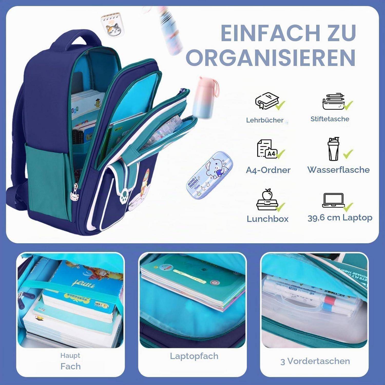 Amythe Schulrucksack Jungen 1-5. Klasse Blau 26L 0,55kg